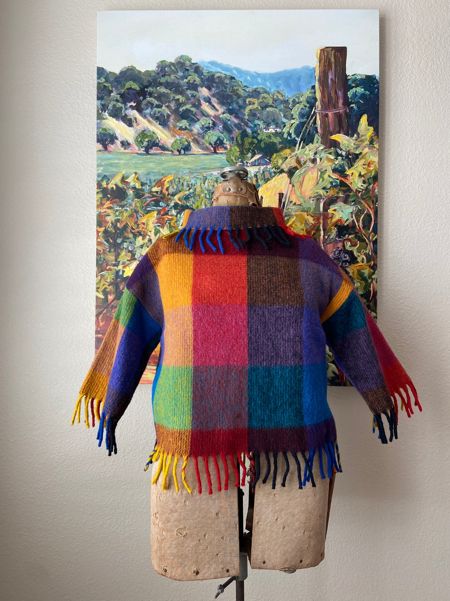 1950s Rainbow Loomed Checkered Fringe Sweater
