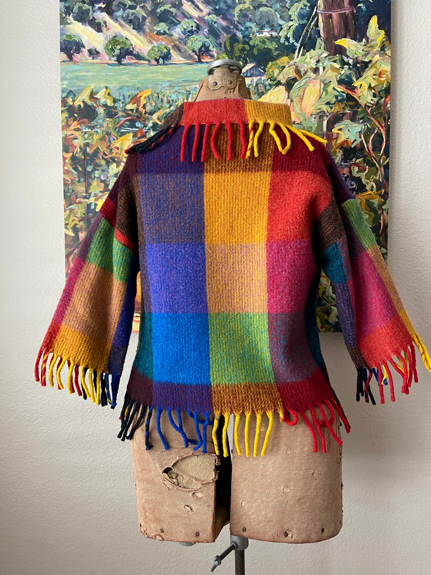 1950s Rainbow Loomed Checkered Fringe Sweater