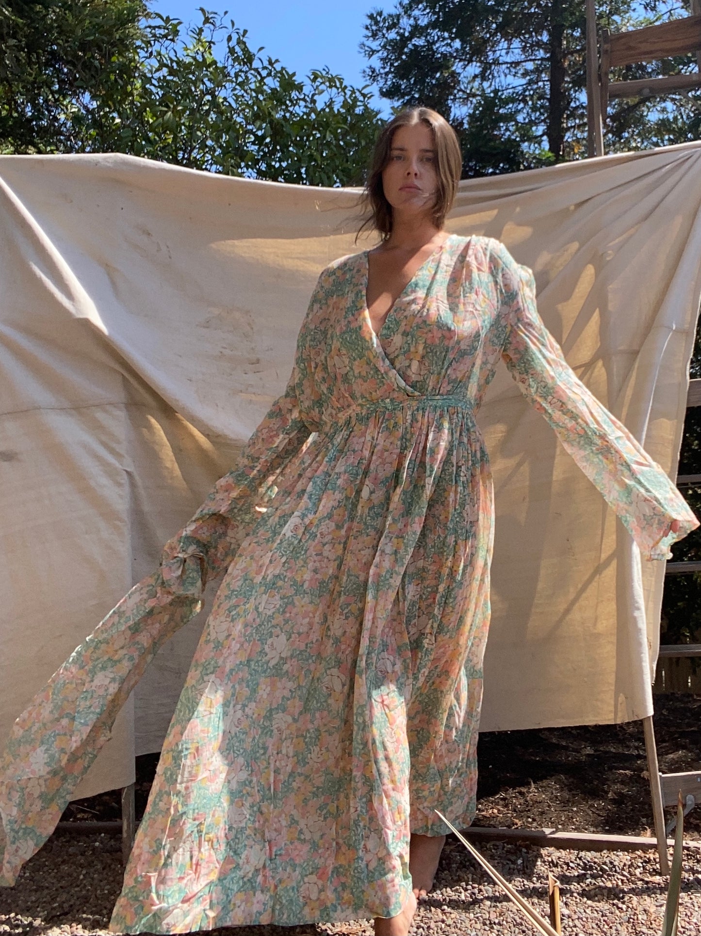 Handmade 1930s Watercolor Voile Bell Sleeve Dress
