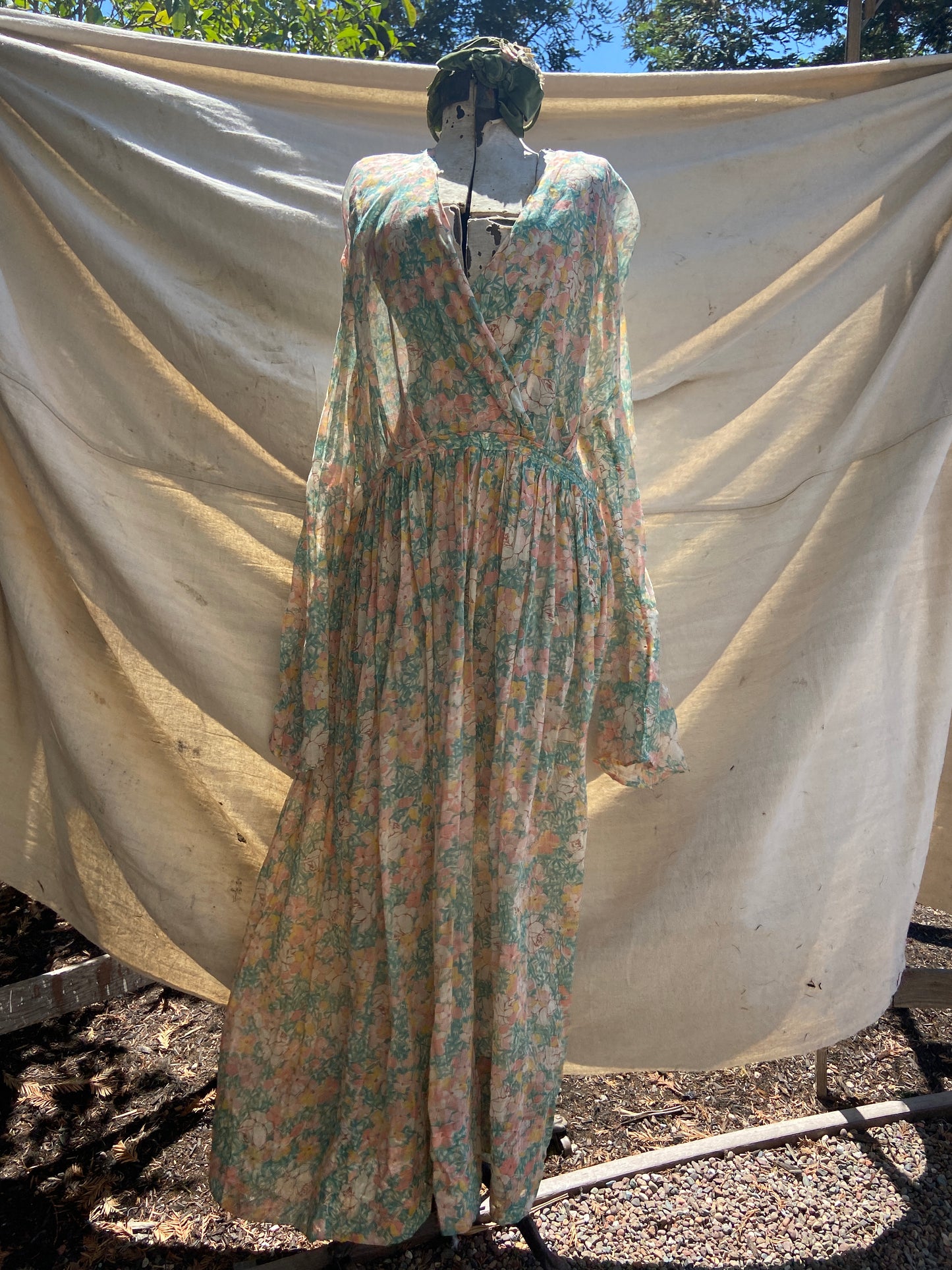 Handmade 1930s Watercolor Voile Bell Sleeve Dress