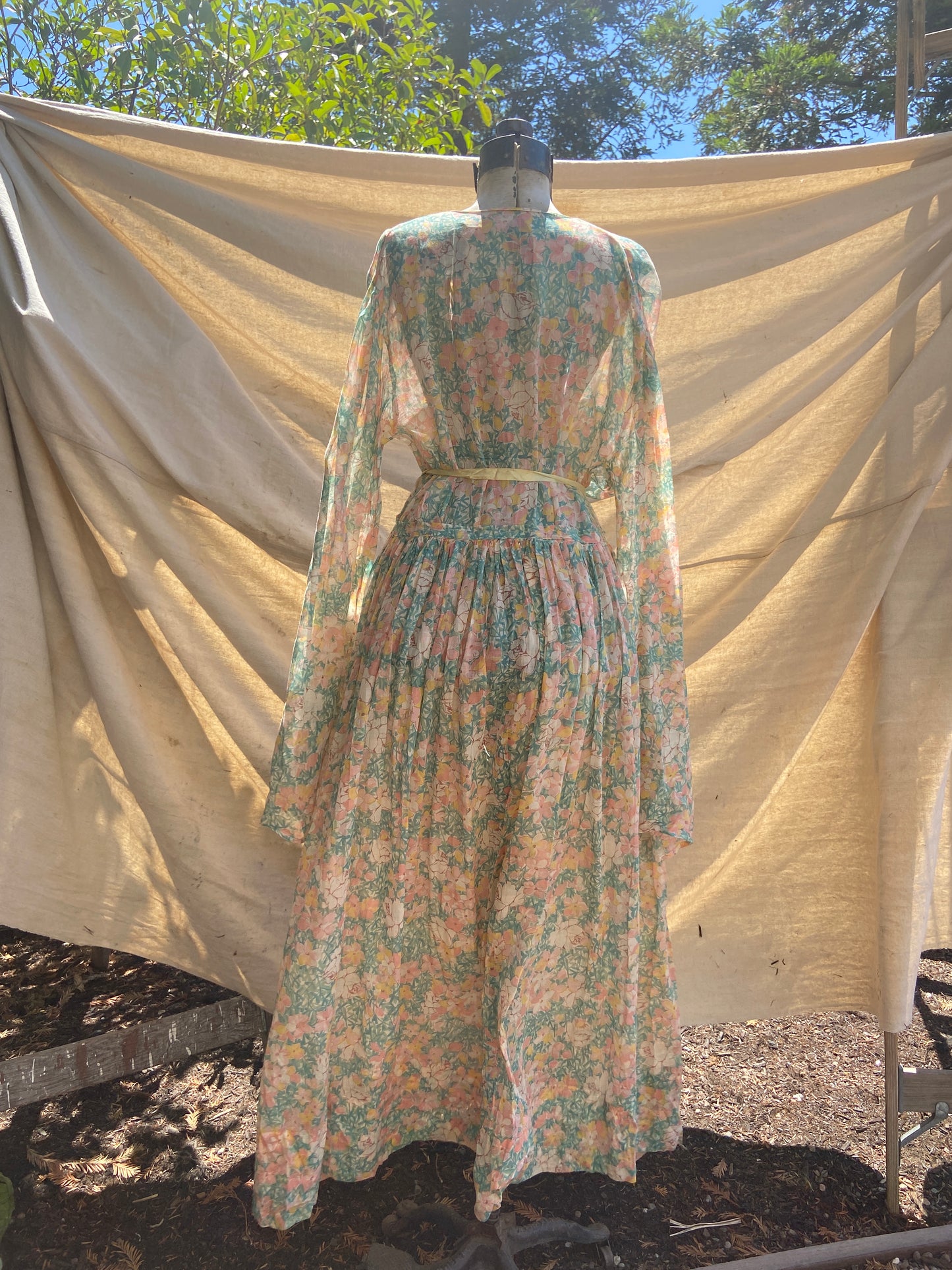 Handmade 1930s Watercolor Voile Bell Sleeve Dress