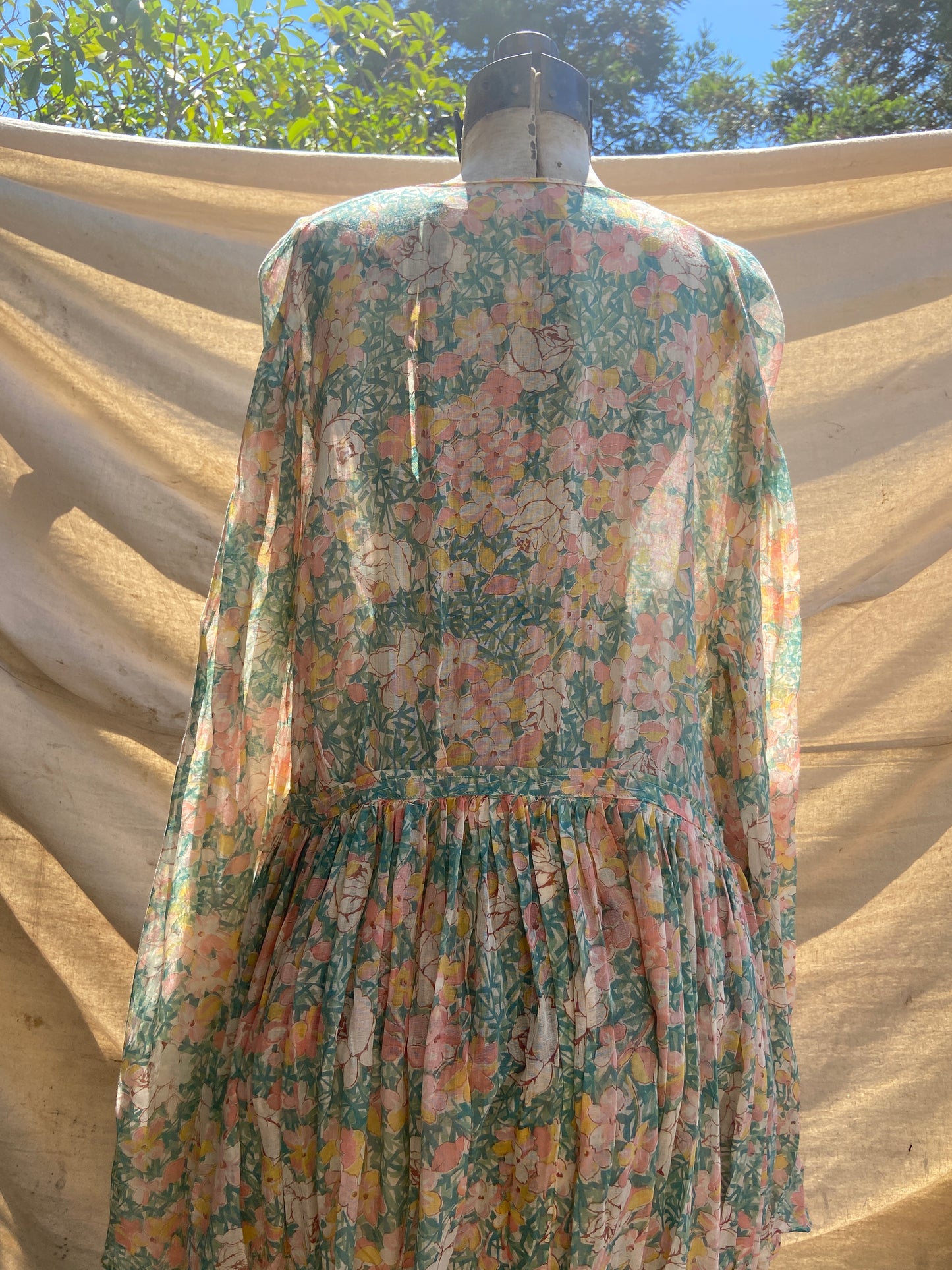 Handmade 1930s Watercolor Voile Bell Sleeve Dress