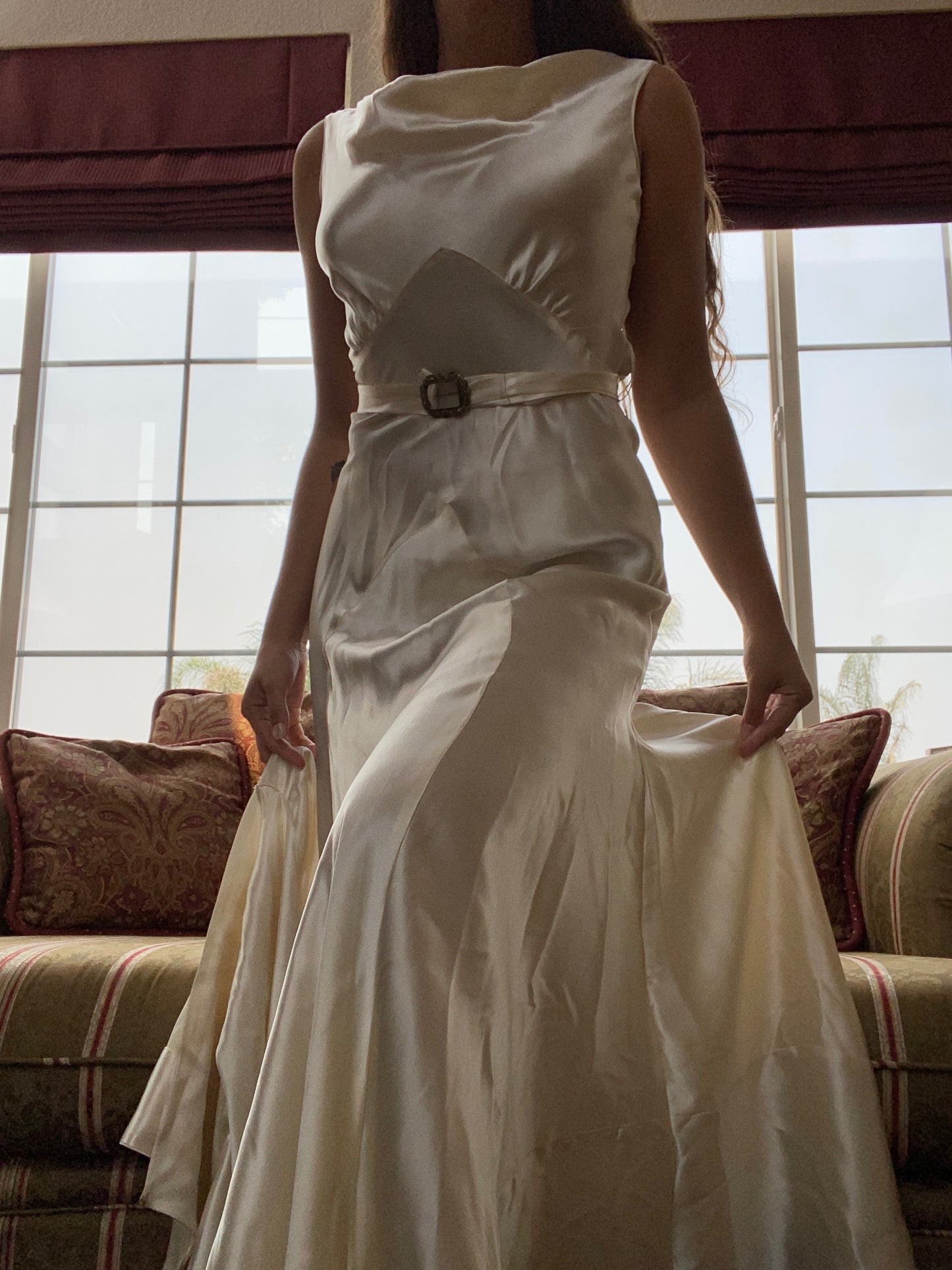 1930s Silk Satin Bias Cut Two Piece Bishop Sleeve Wedding Dress