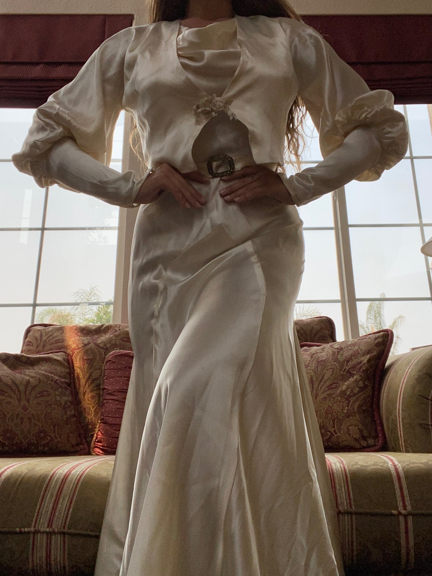 1930s Silk Satin Bias Cut Two Piece Bishop Sleeve Wedding Dress