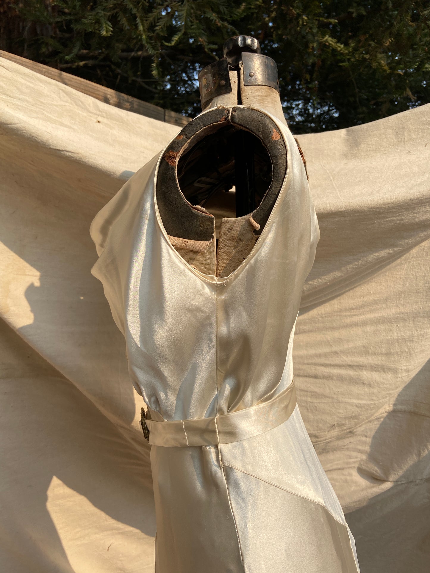 1930s Silk Satin Bias Cut Two Piece Bishop Sleeve Wedding Dress