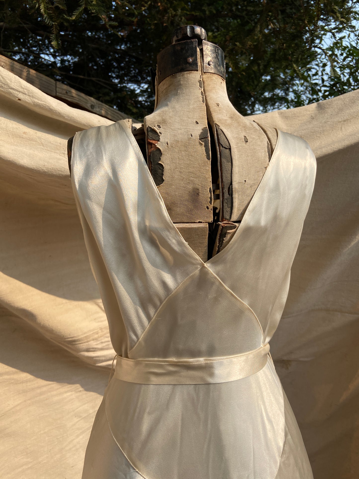 1930s Silk Satin Bias Cut Two Piece Bishop Sleeve Wedding Dress
