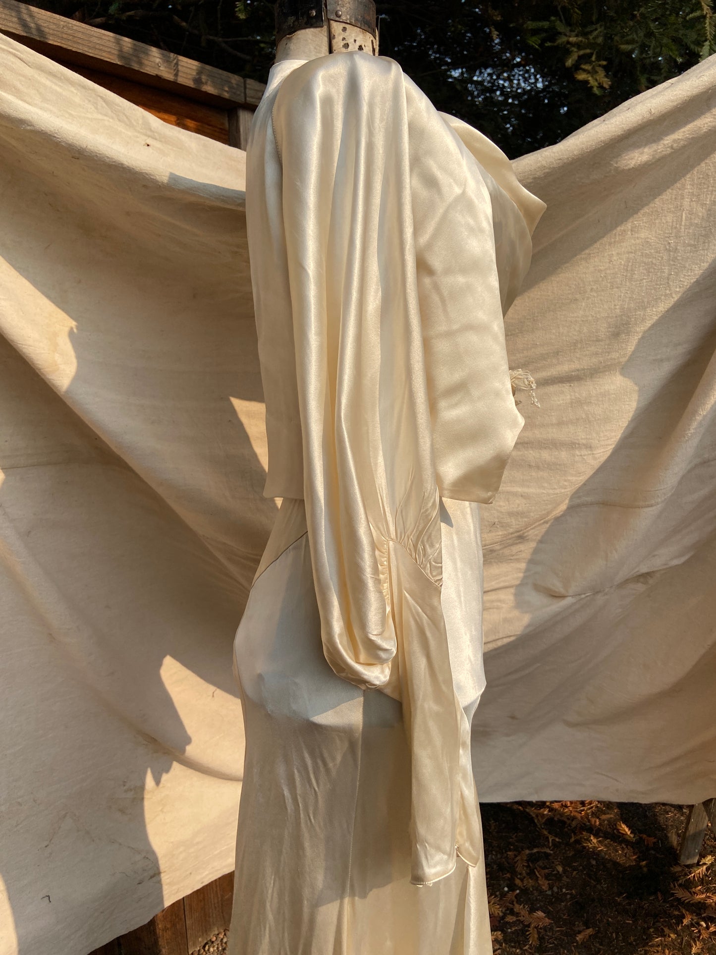 1930s Silk Satin Bias Cut Two Piece Bishop Sleeve Wedding Dress
