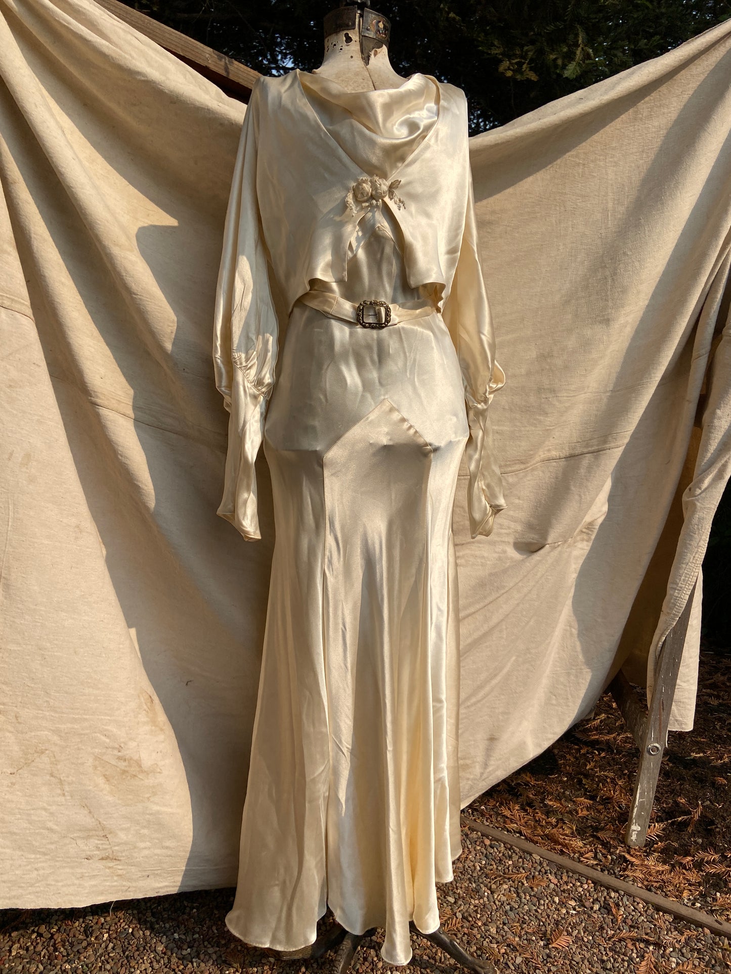 1930s Silk Satin Bias Cut Two Piece Bishop Sleeve Wedding Dress