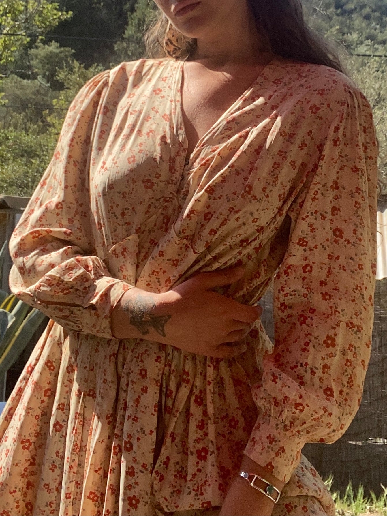 1920s Pale Peach Floral Rayon Midi Dress