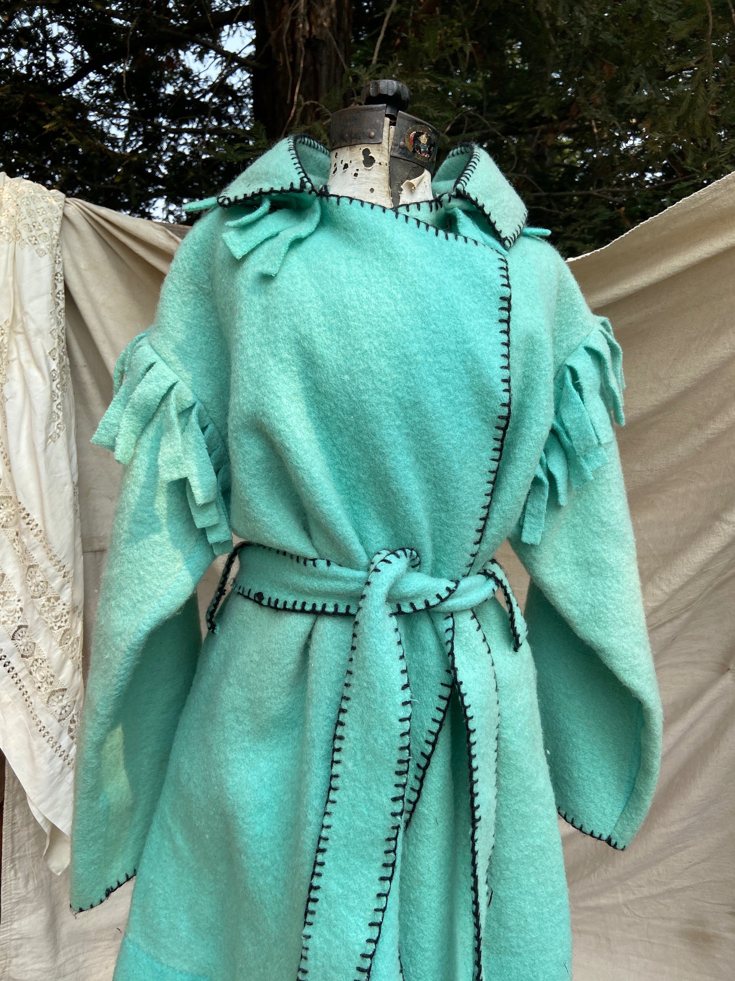 Mid Century Handmade Minty Wool Fringed Capote Coat