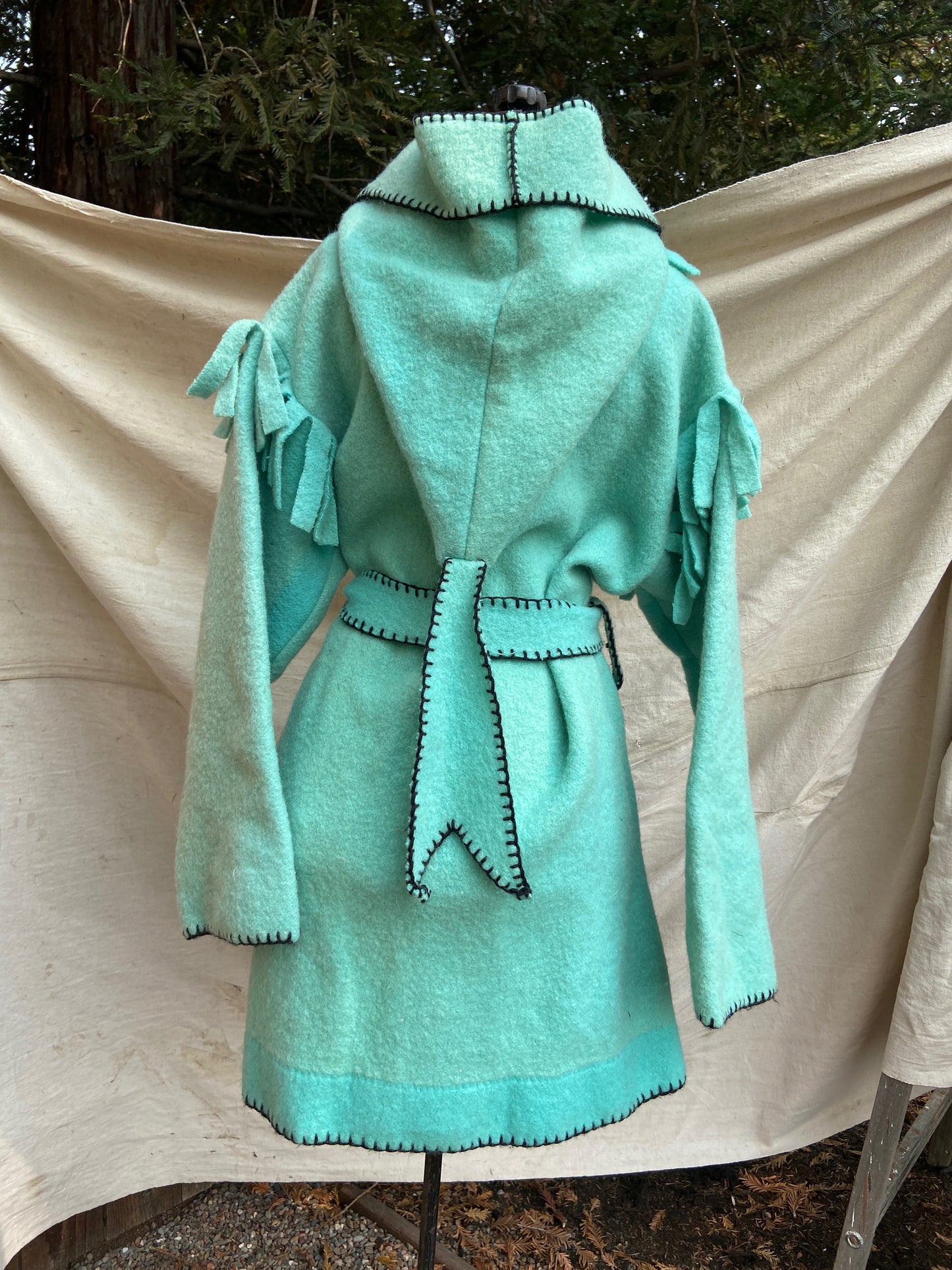 Mid Century Handmade Minty Wool Fringed Capote Coat