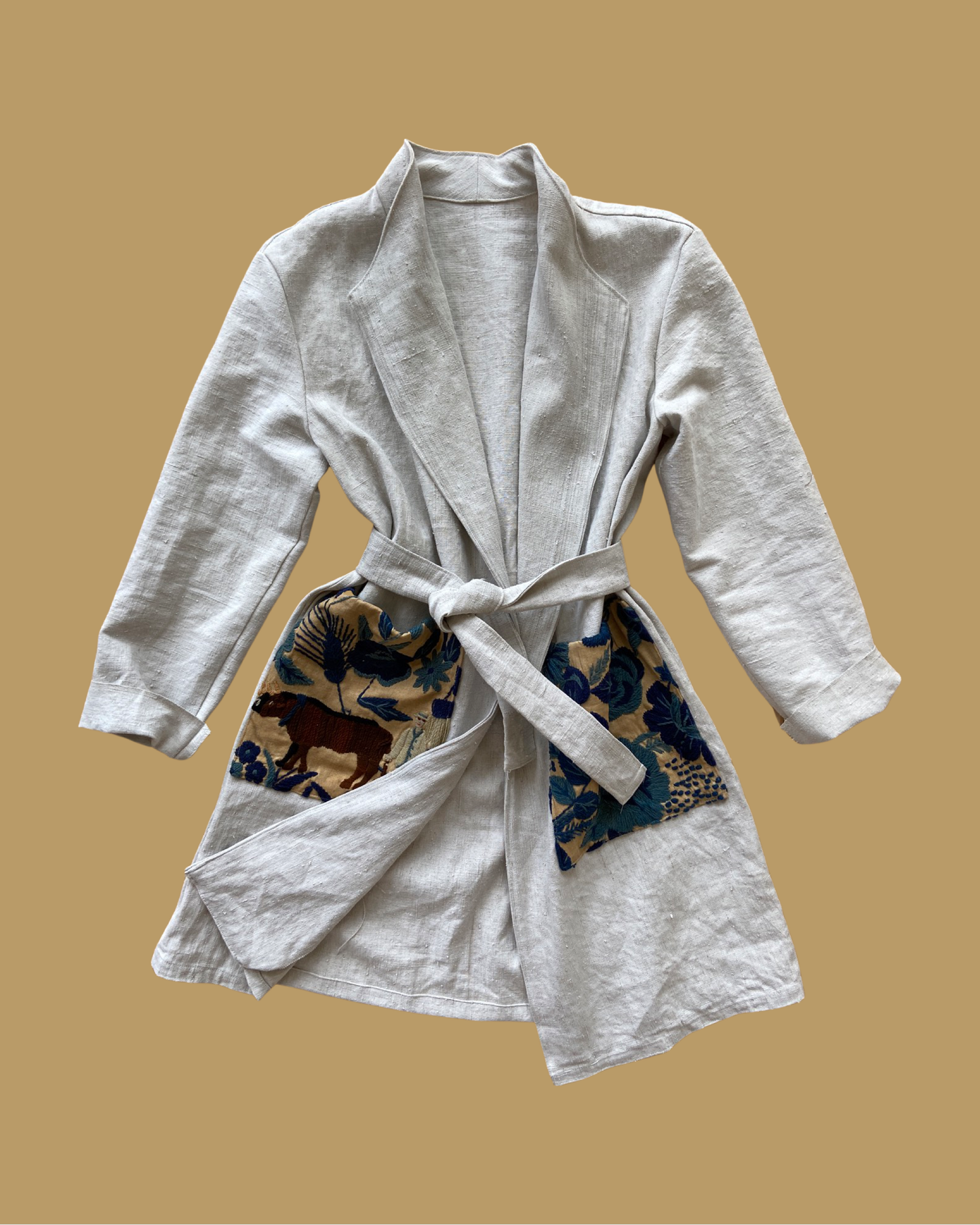 Ecru Embroidered Linen/ Hemp Duster Jacket