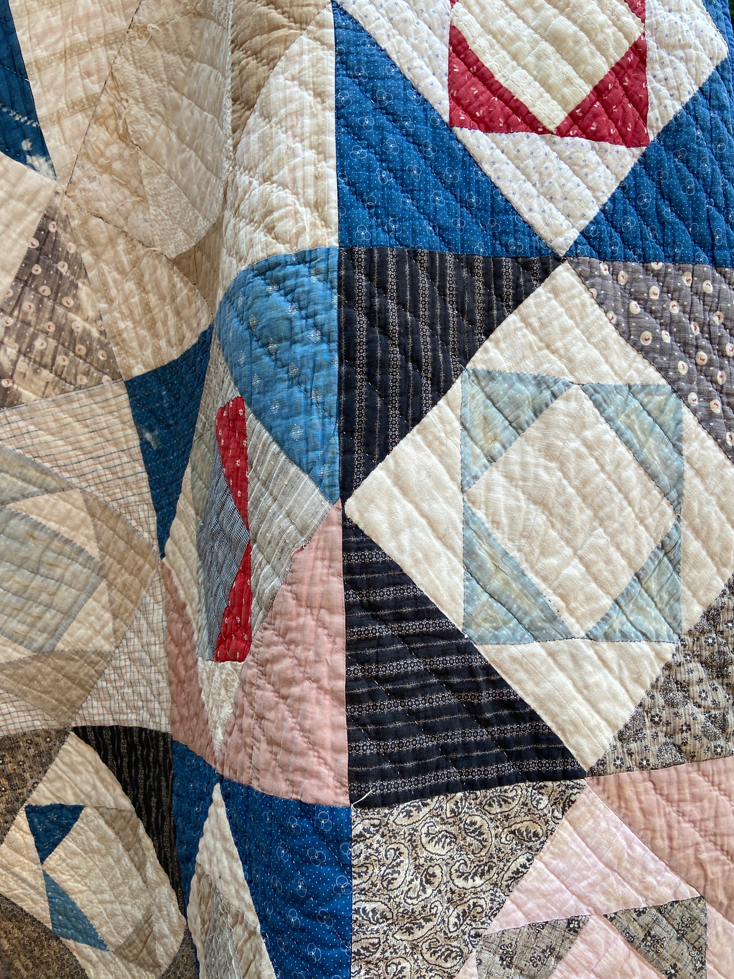 Antique 'Snail Trail' Pieced Calico Quilt