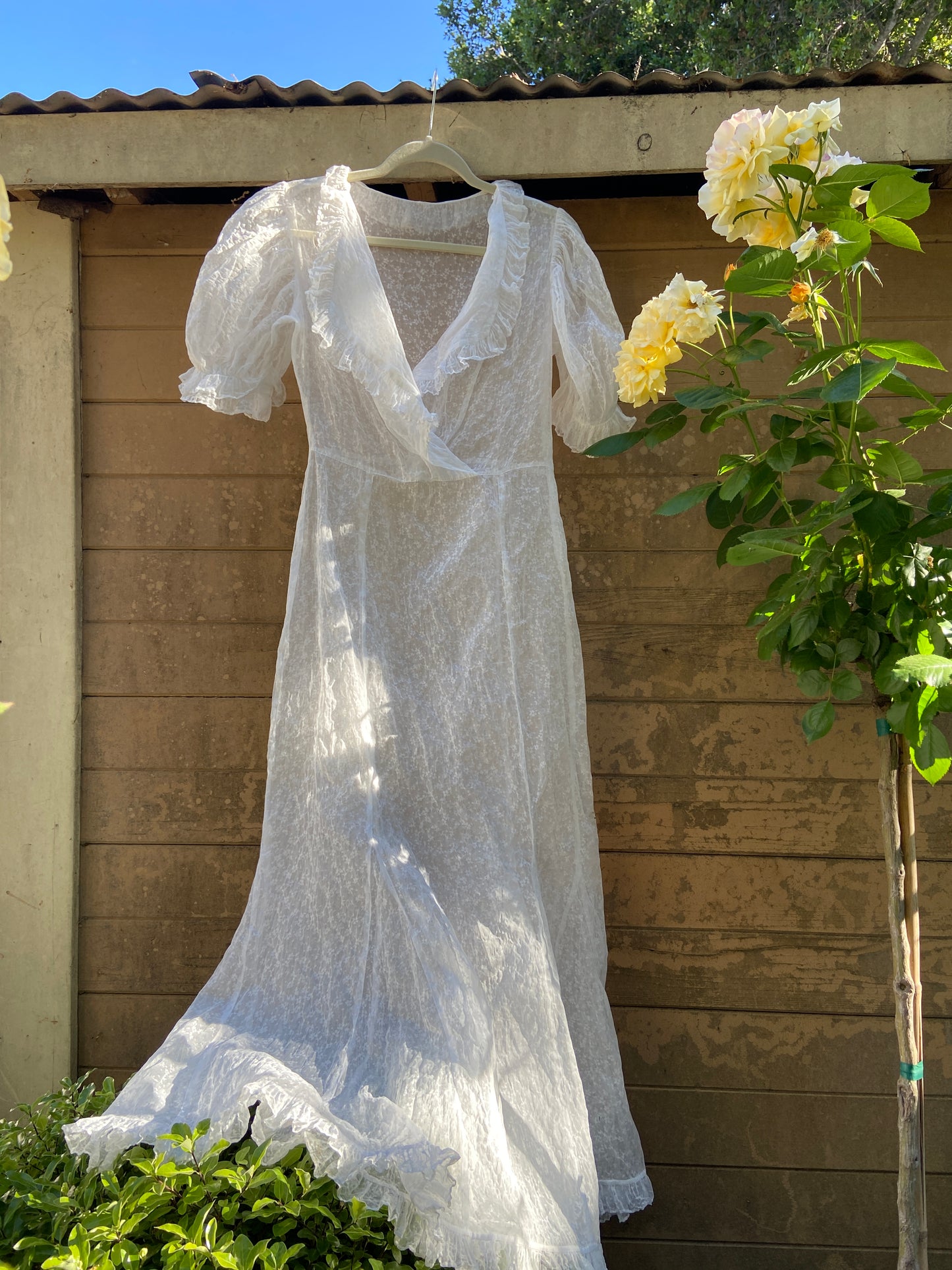 1930s Floral Organza Plunging V-Neckline Dress