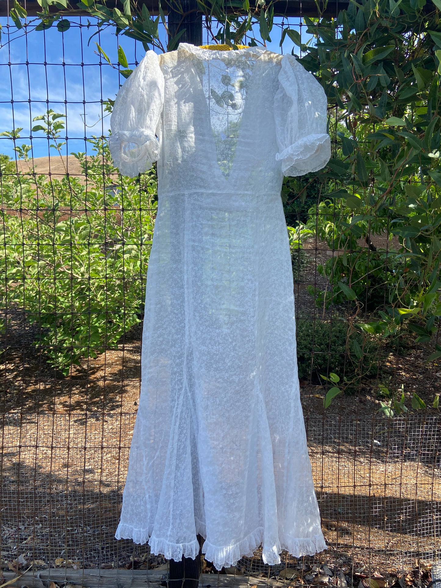 1930s Floral Organza Plunging V-Neckline Dress