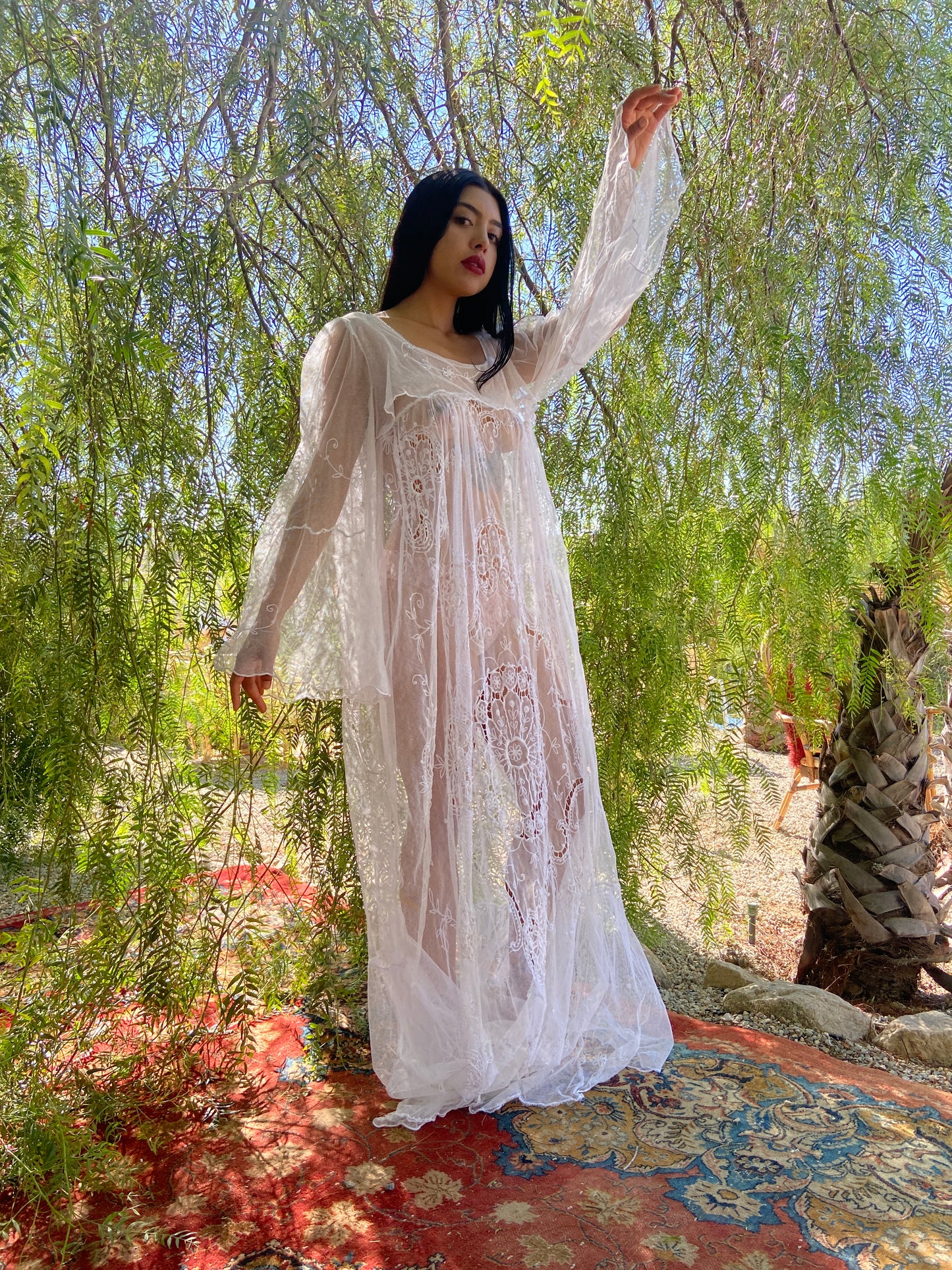 1800s Tambour Lace Bell Sleeve Gown