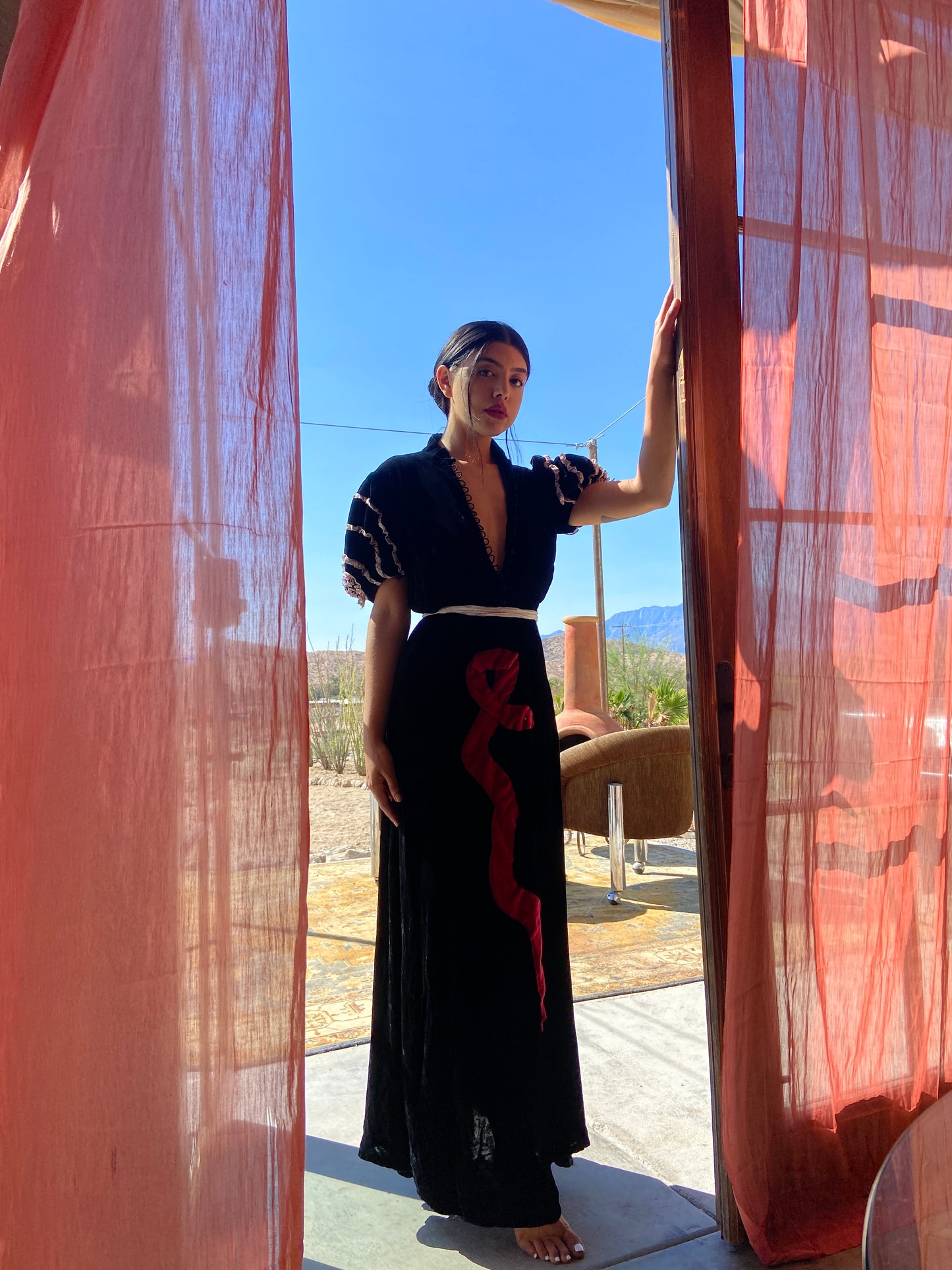 1940s Noir Silk Velvet Snake Appliqué Dress