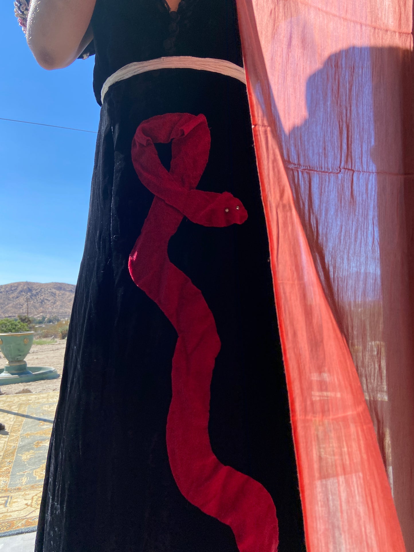 1940s Noir Silk Velvet Snake Appliqué Dress