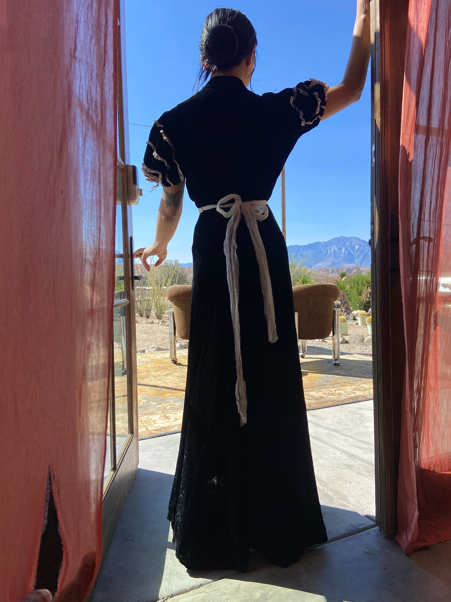 1940s Noir Silk Velvet Snake Appliqué Dress
