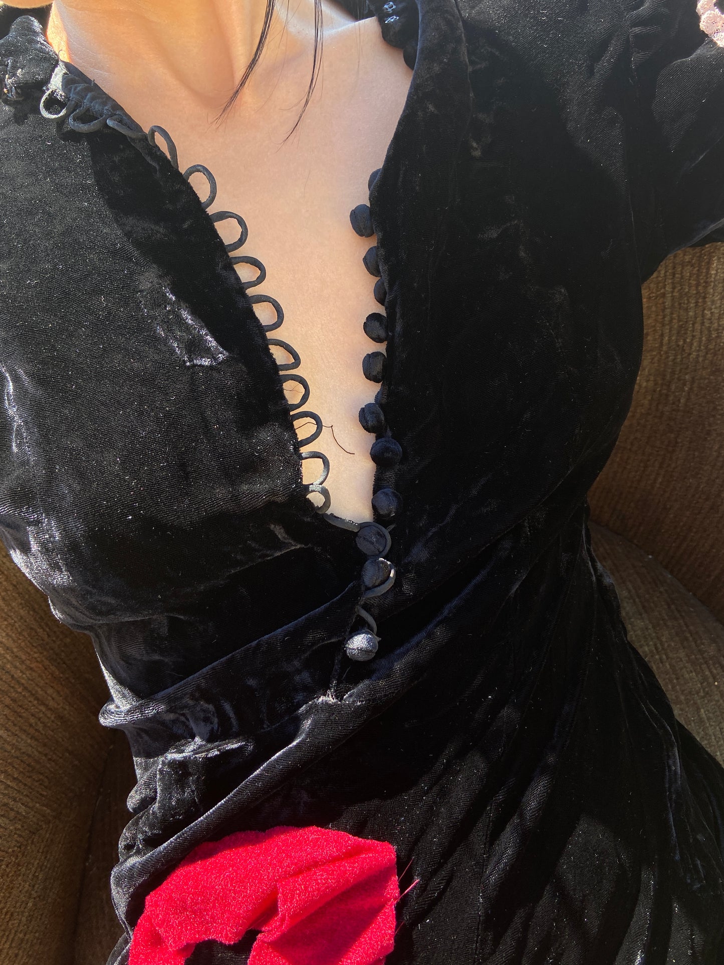 1940s Noir Silk Velvet Snake Appliqué Dress
