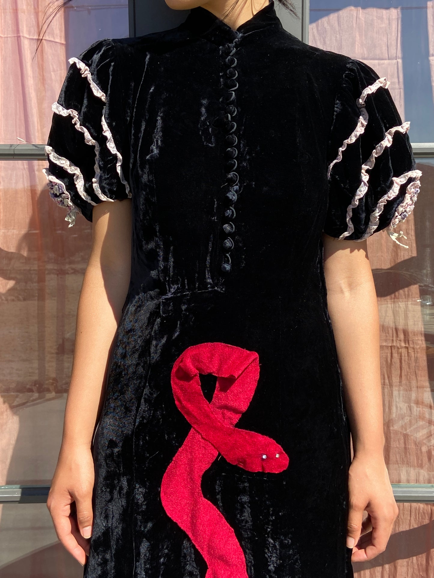 1940s Noir Silk Velvet Snake Appliqué Dress