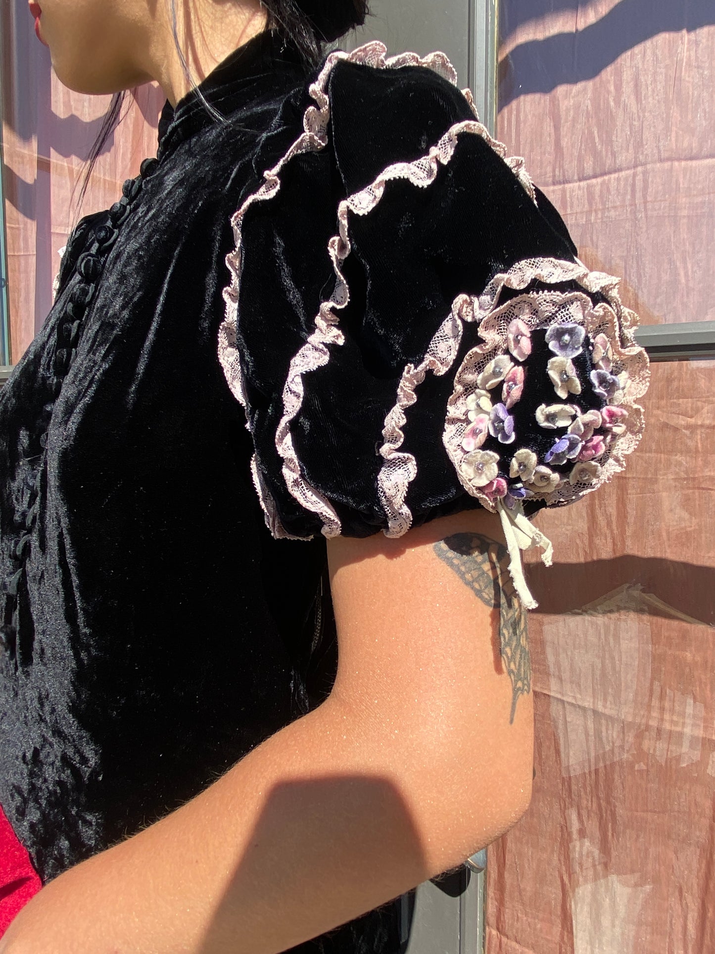 1940s Noir Silk Velvet Snake Appliqué Dress