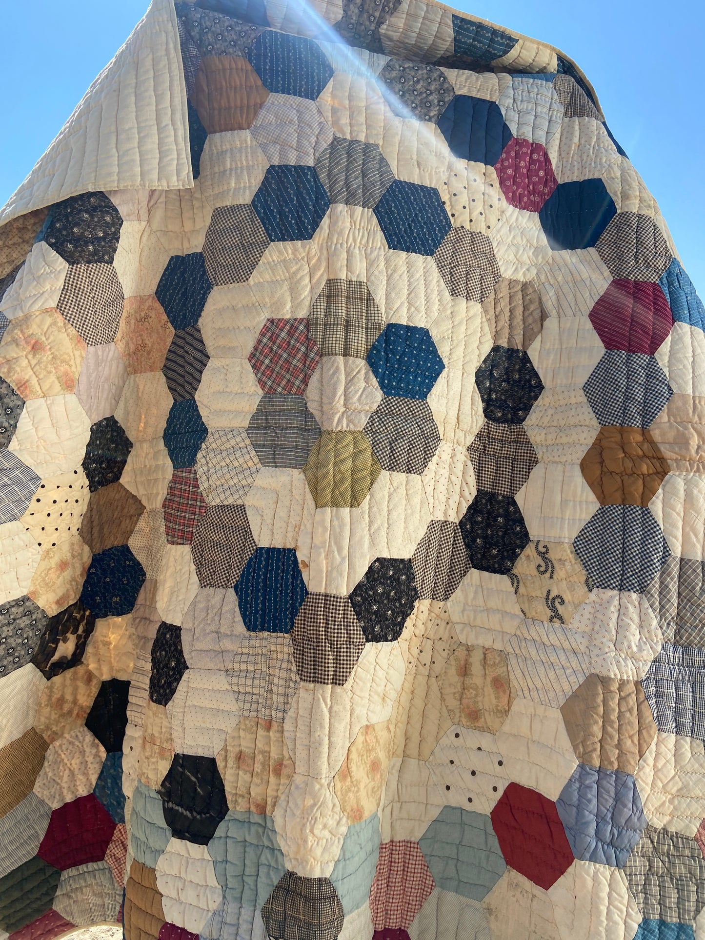 1900-30s Octagon Flower Calico Quilt/Bedspread