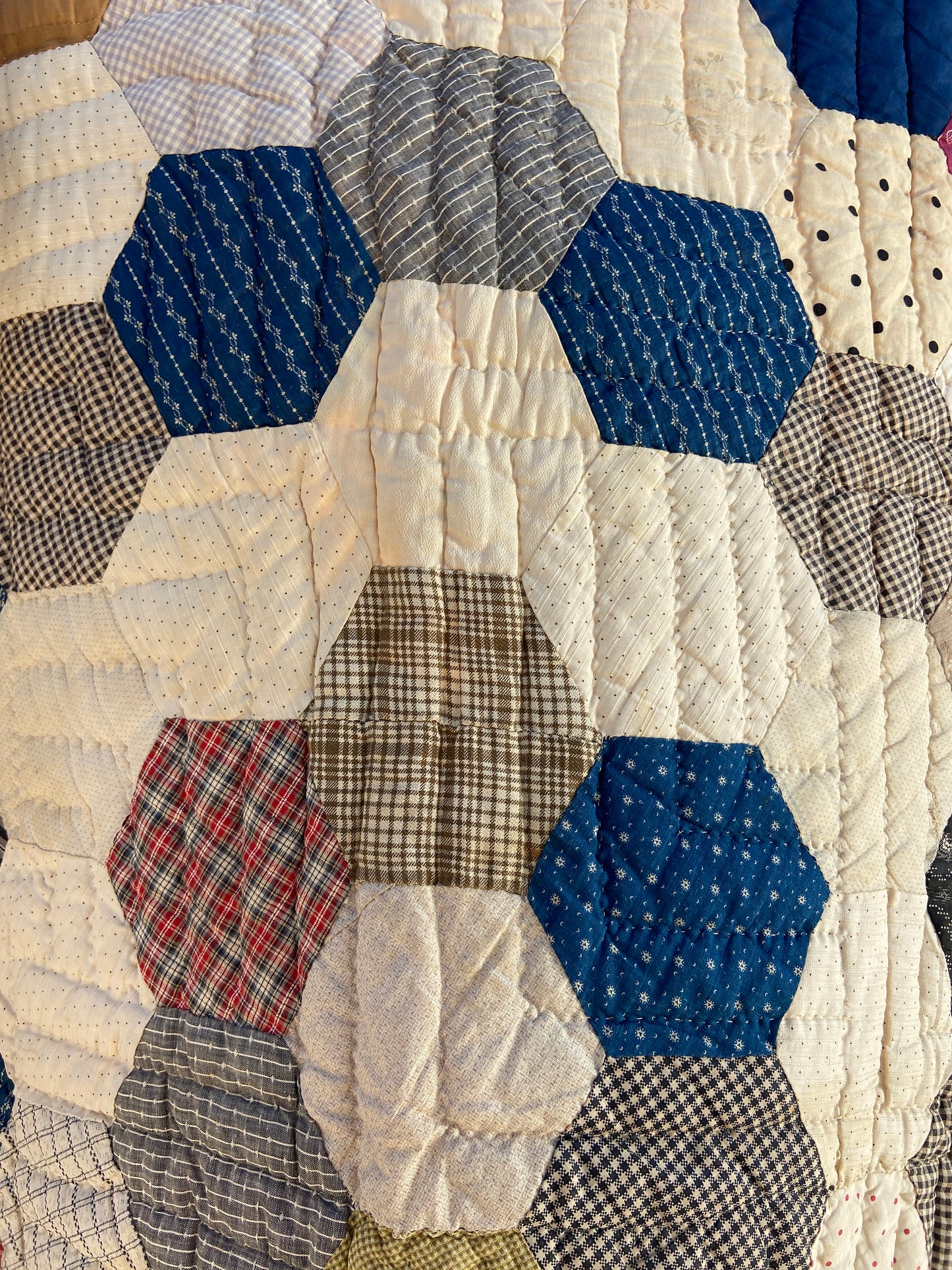 1900-30s Octagon Flower Calico Quilt/Bedspread