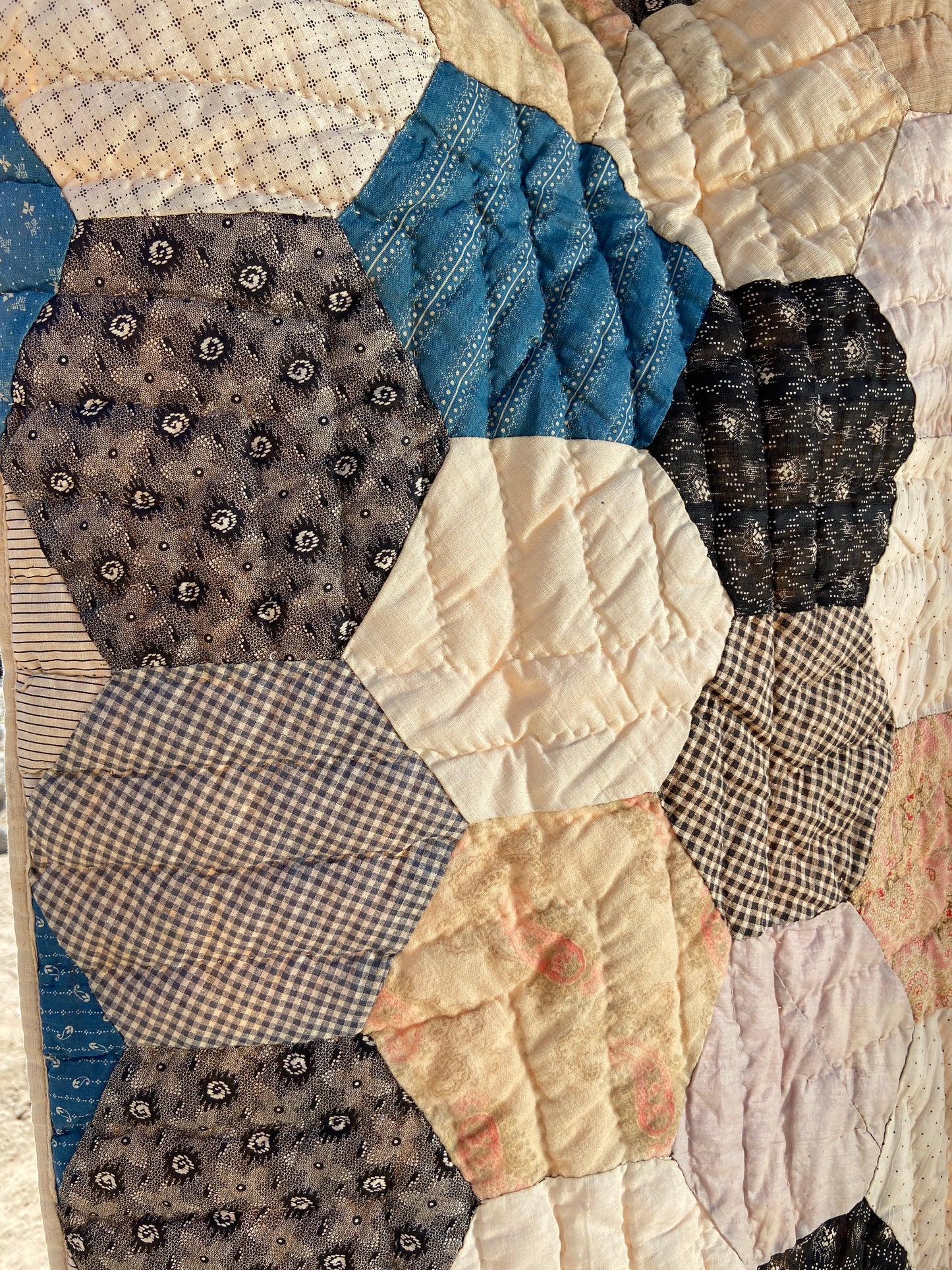 1900-30s Octagon Flower Calico Quilt/Bedspread