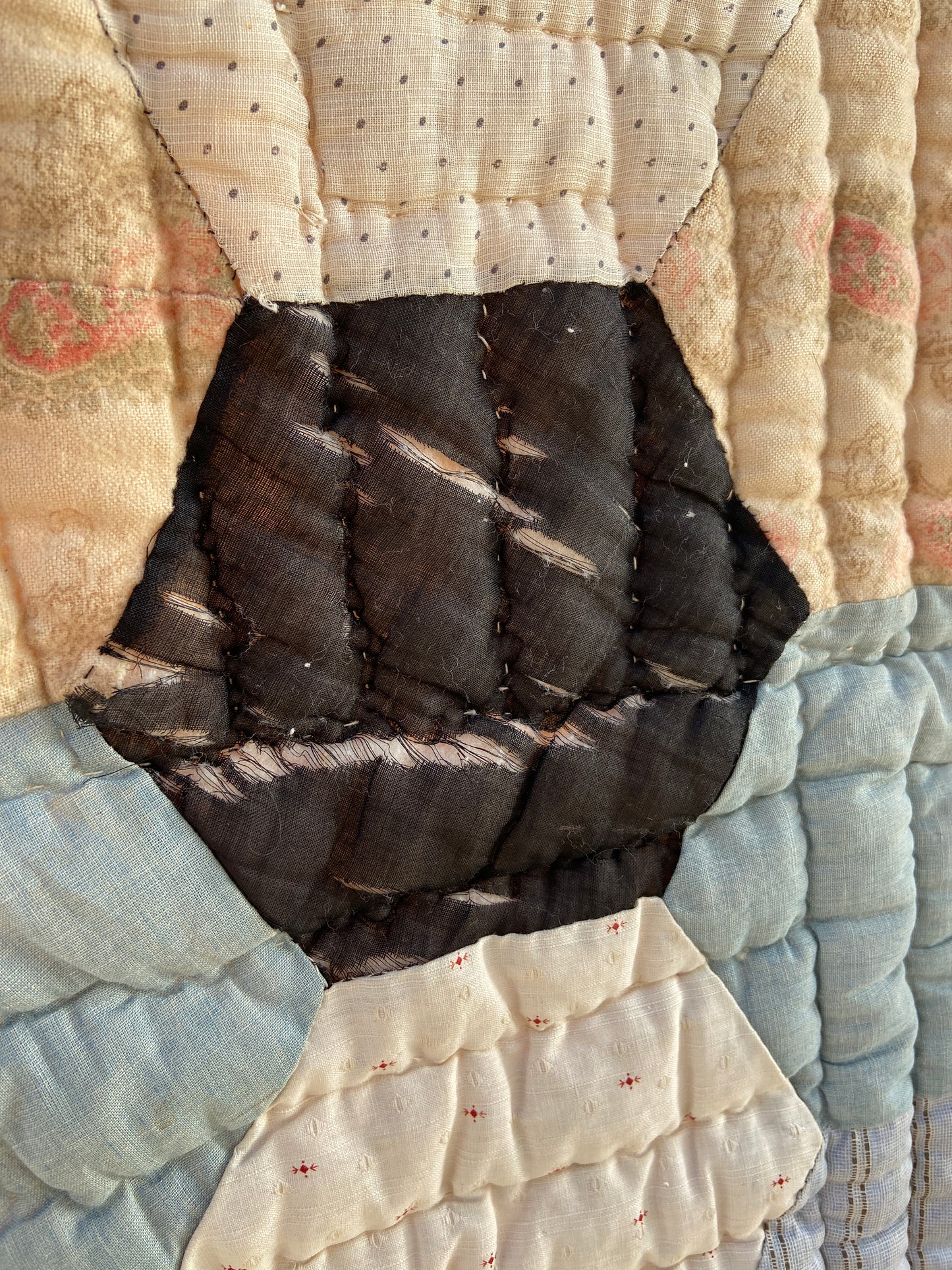 1900-30s Octagon Flower Calico Quilt/Bedspread
