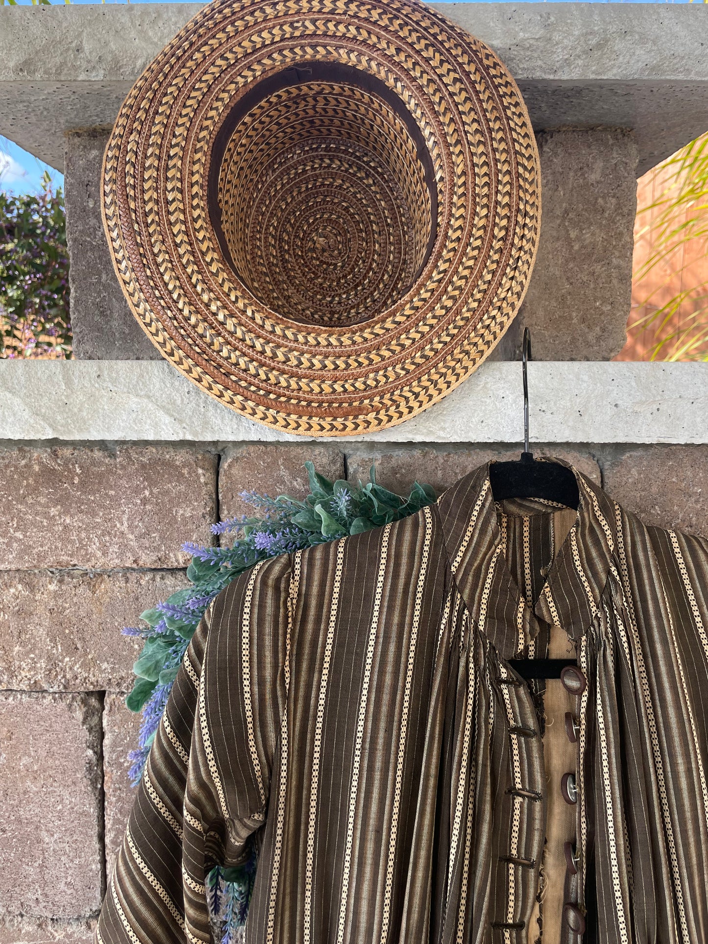 1880s Woven Straw Plume Buckle Tall Hat ( Matching Counterpart to 1880s Wool Calico Dress )