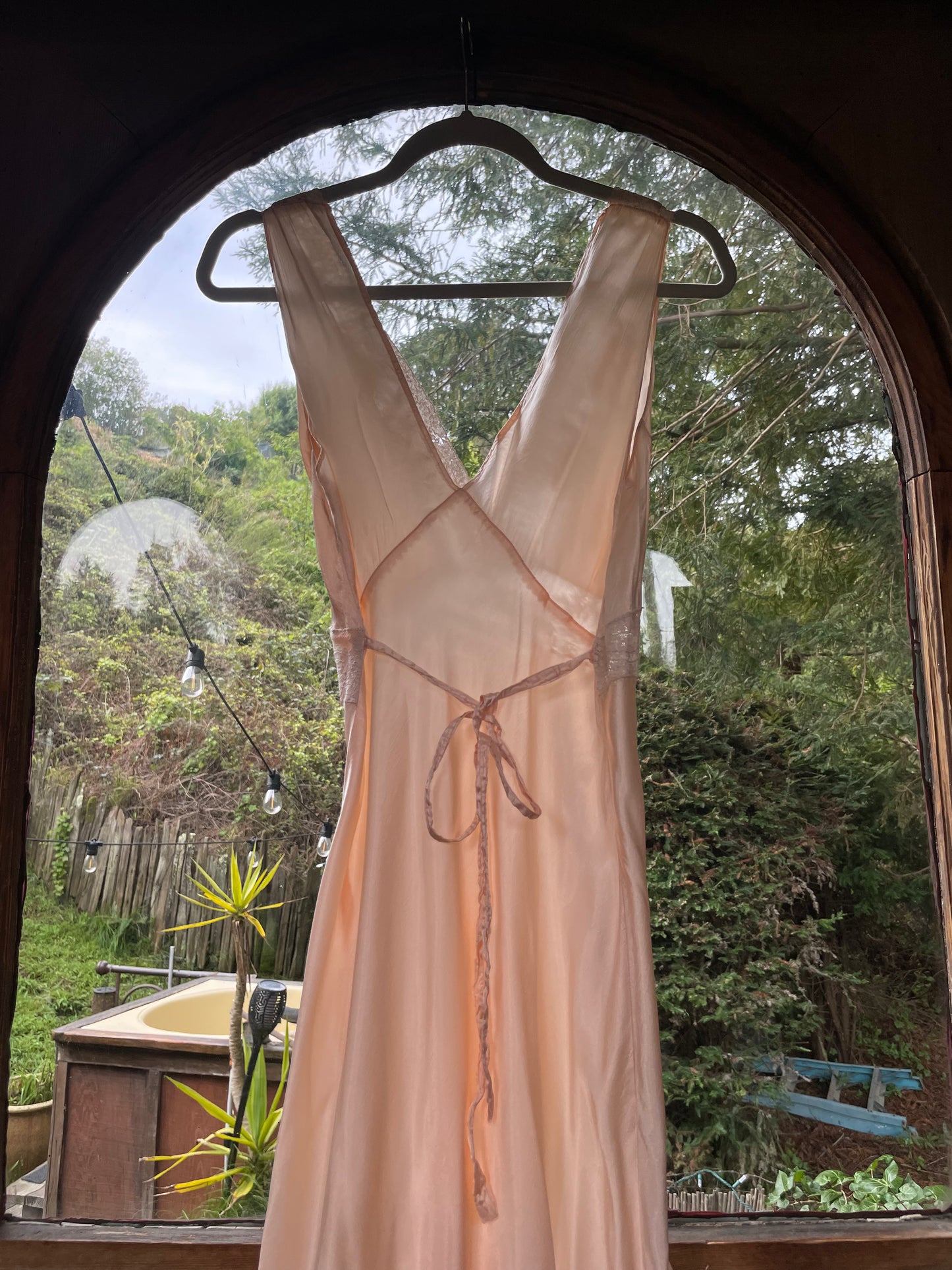 1940s Inset Lace Rayon Ballet Pink Bias Cut Slip Dress