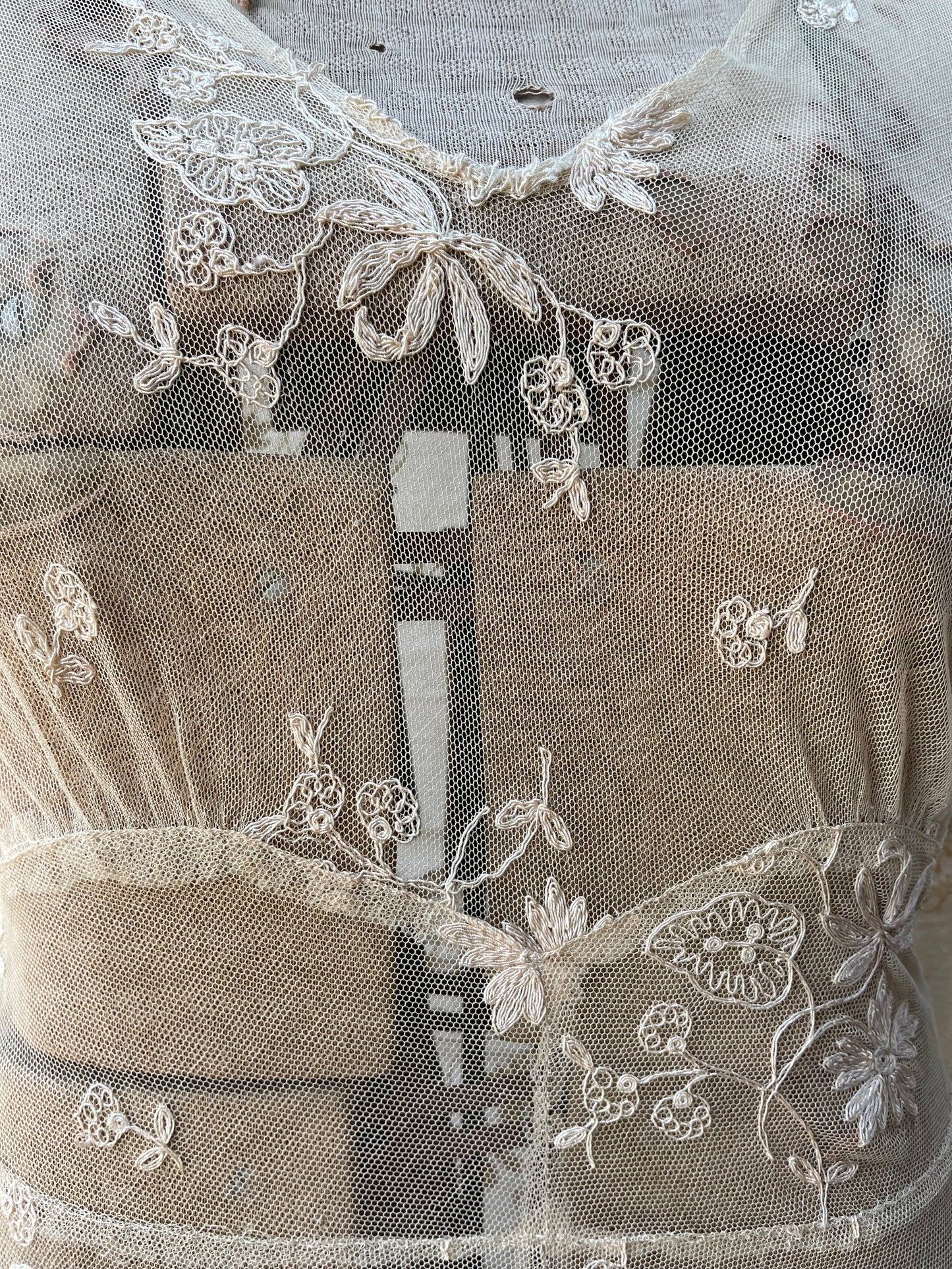 Unique 1930s Embroidered Net Lace Midi Dress