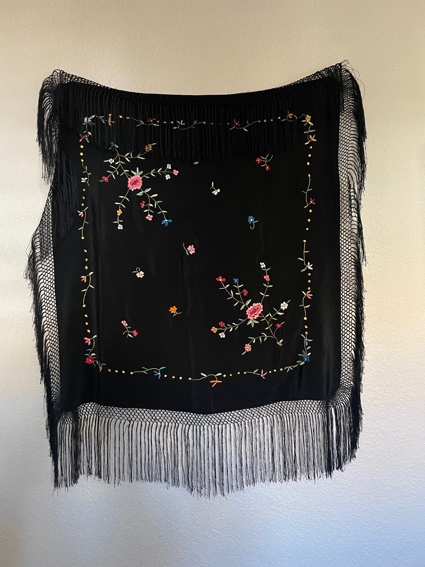 1930s Embroidered Rayon Fringe Piano Shawl
