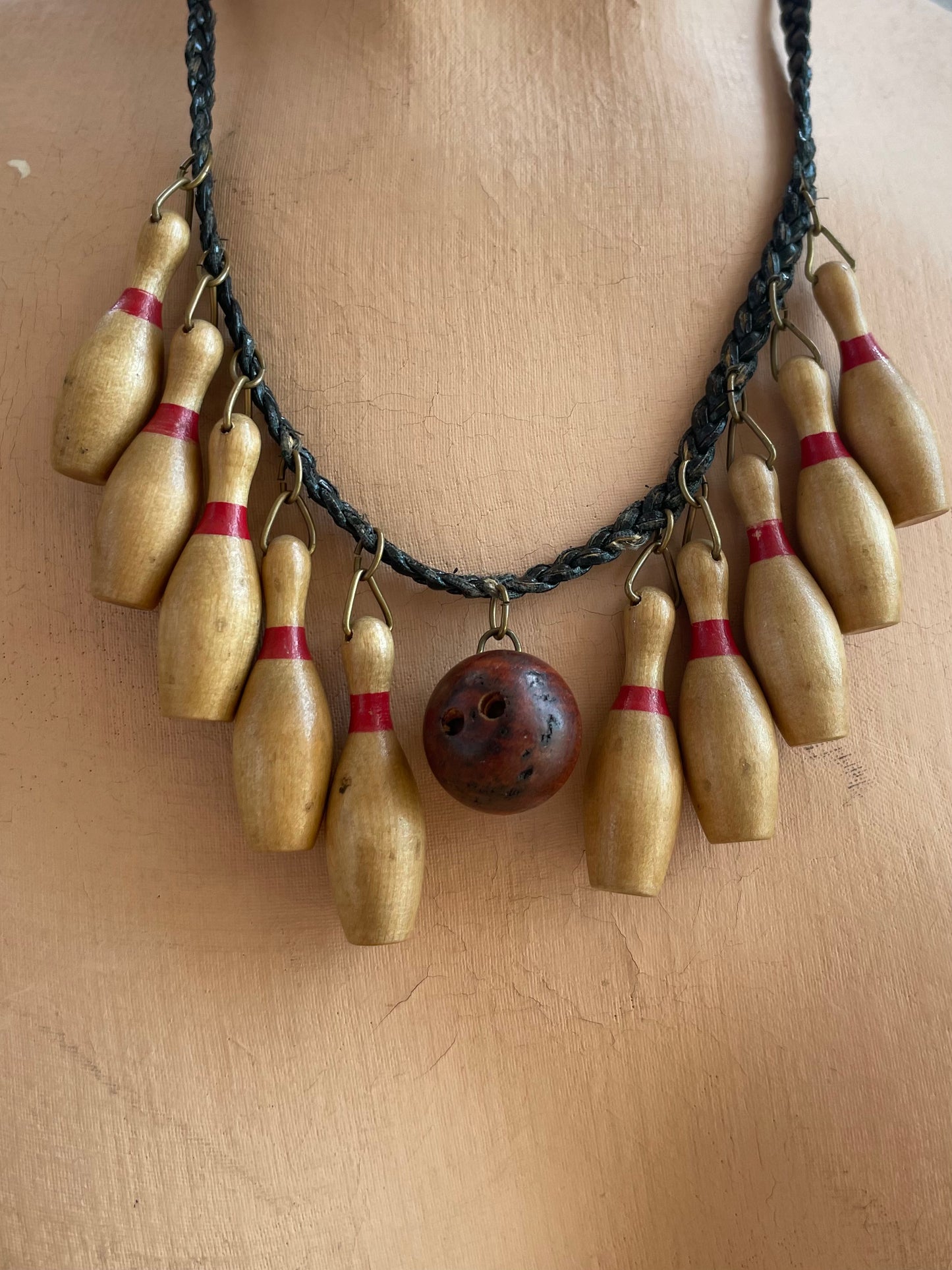 1940s 'Lucky Strike' Theme Bowling Wood Charm Necklace