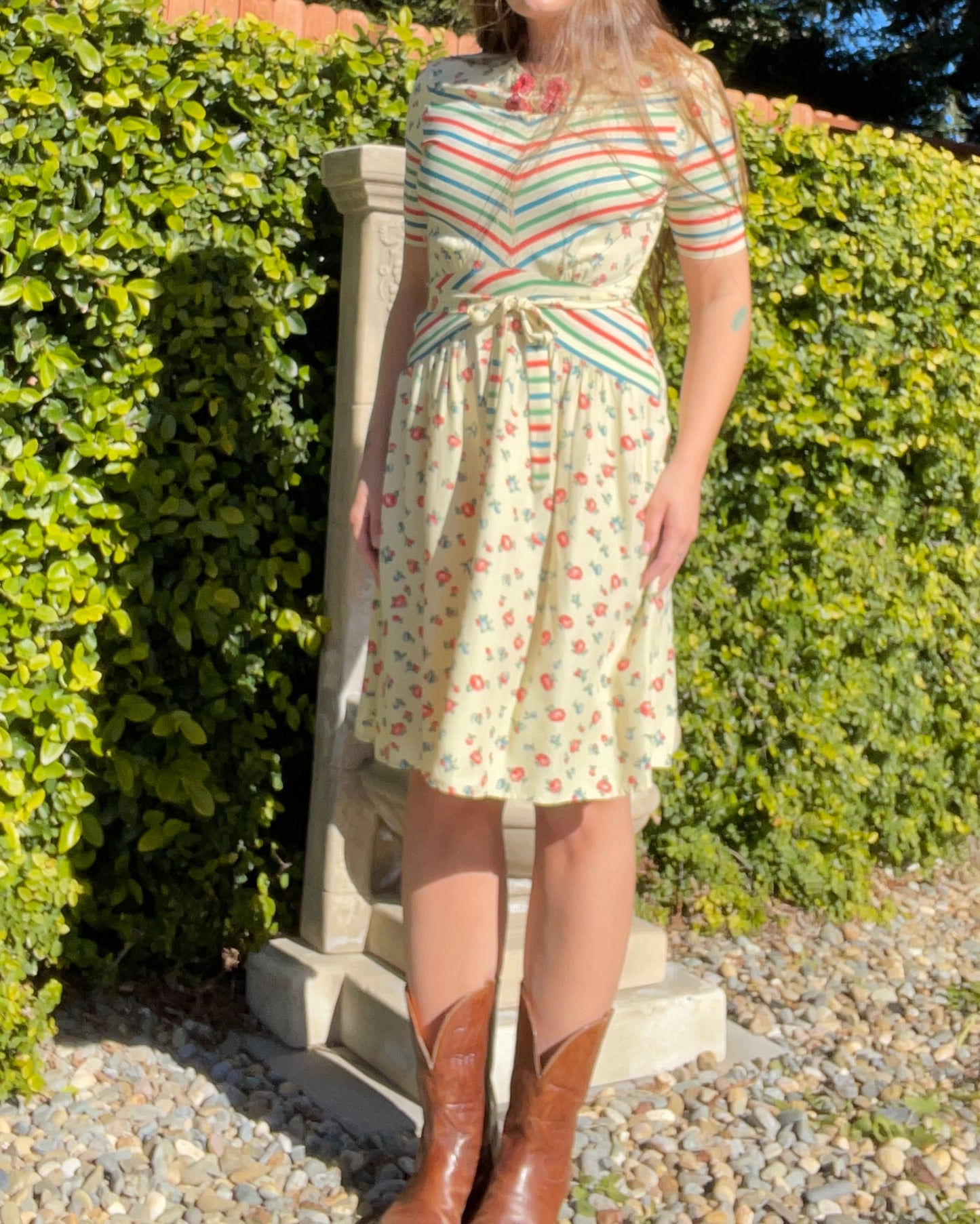 RARE 1940s 'Gay Gibson' Chevron Striped Flora Coldl Rayon Dress