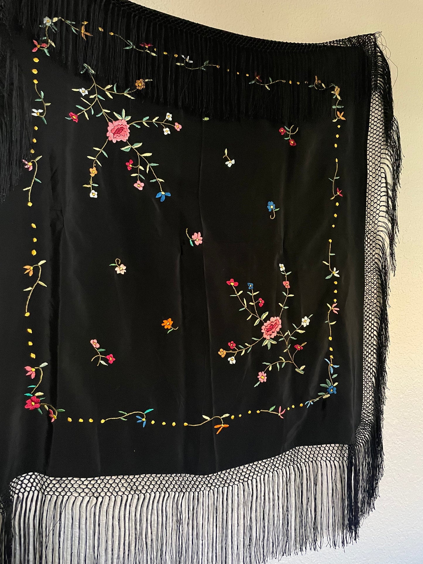 1930s Embroidered Rayon Fringe Piano Shawl