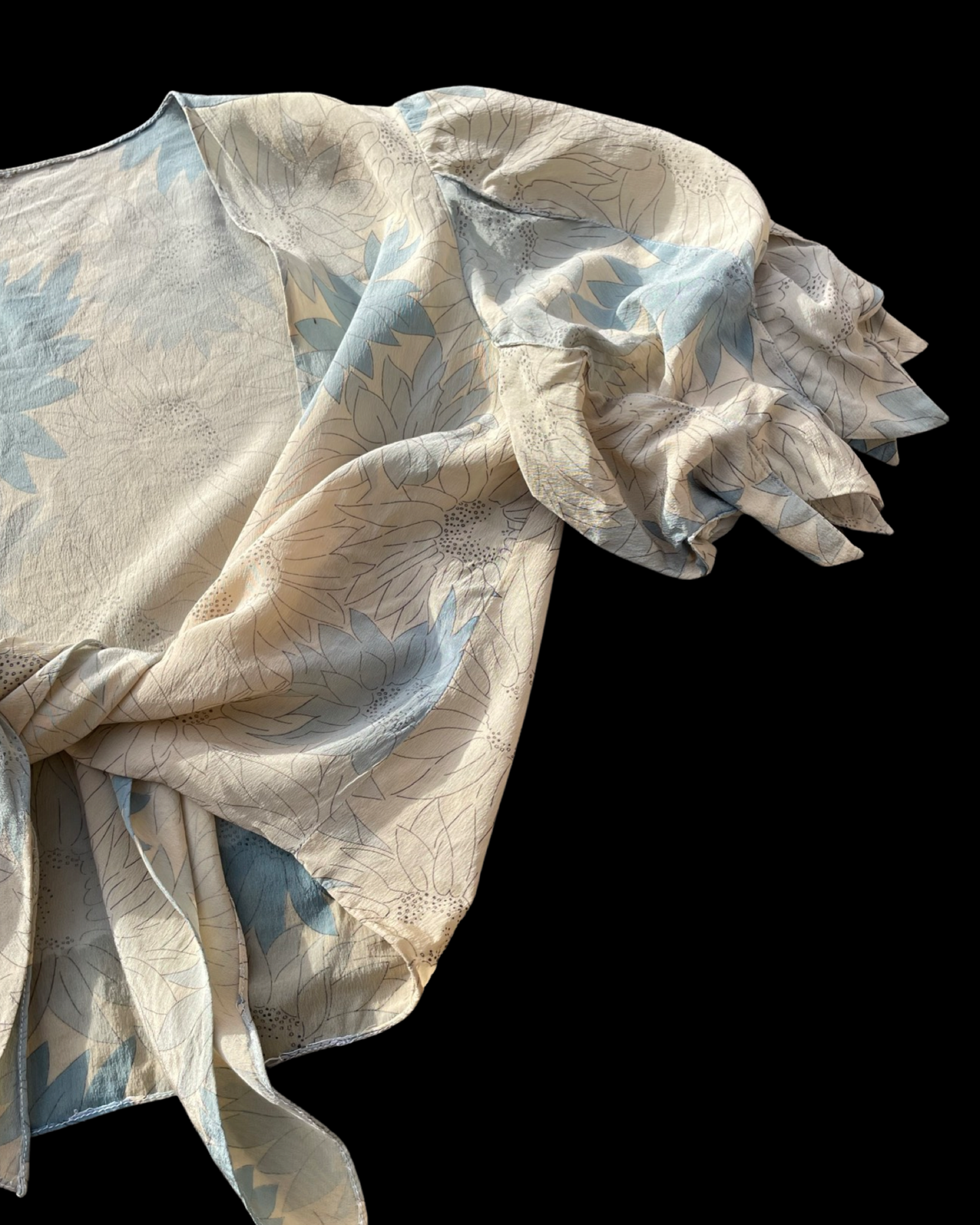 1930s Two Pice Large Scale Floral Puff Sleeve Silk Crepe Dress Set