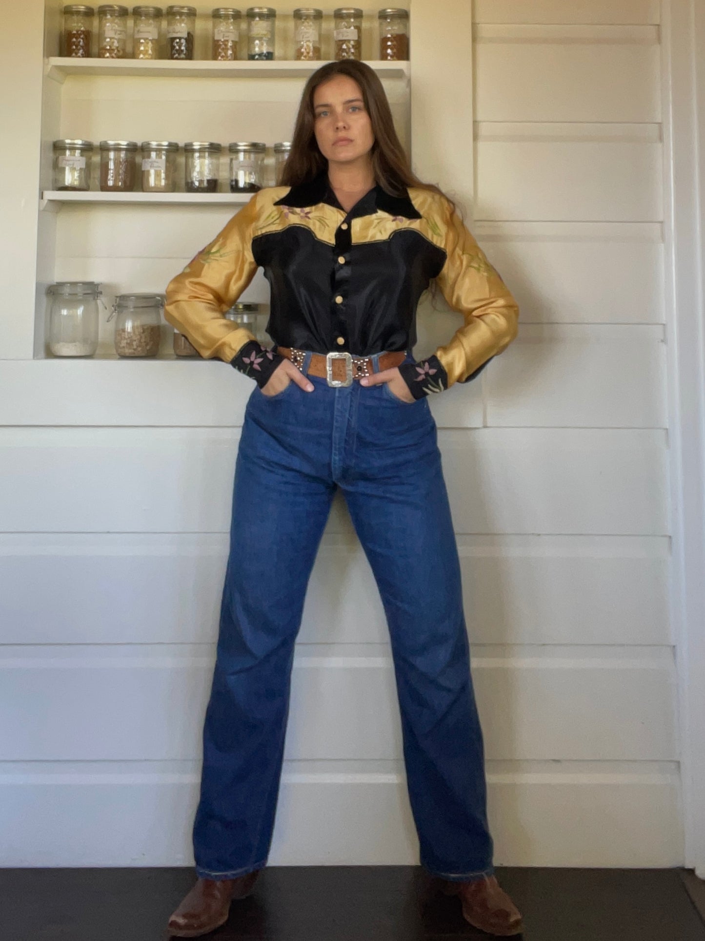 1940s Marigold Embroidered Satin Western Shirt