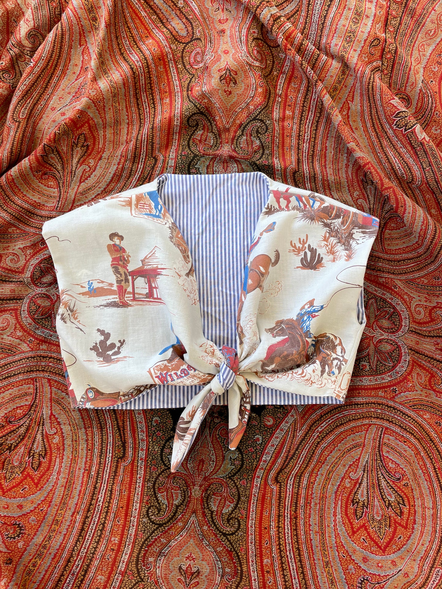 1940s Inspired Reversible Tie Front Top Wild West & 1940s Stripes XS-S