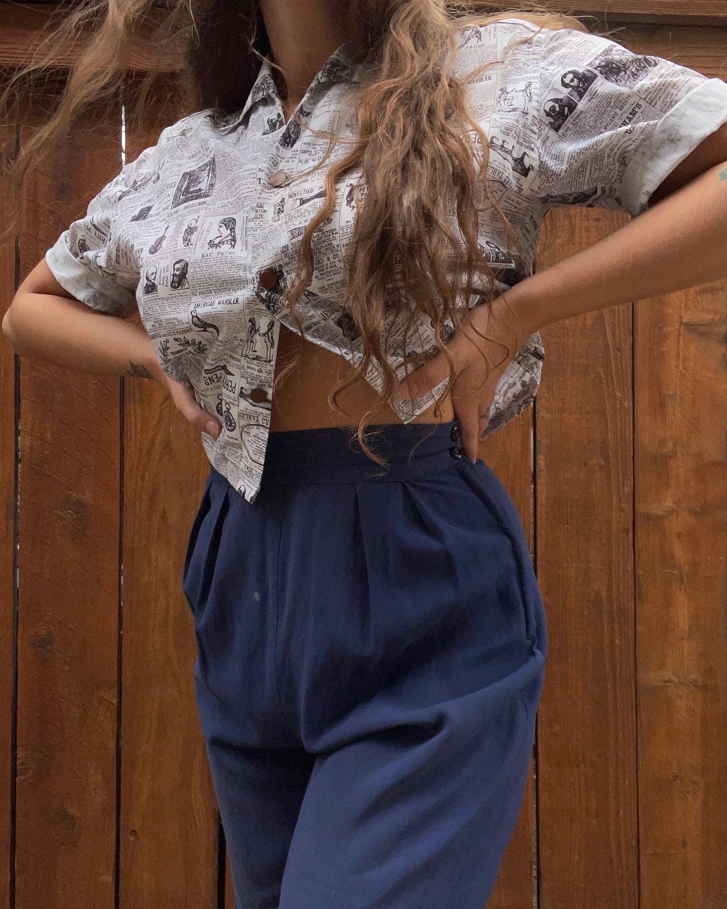 1950s Newspaper Print Button Down Blouse