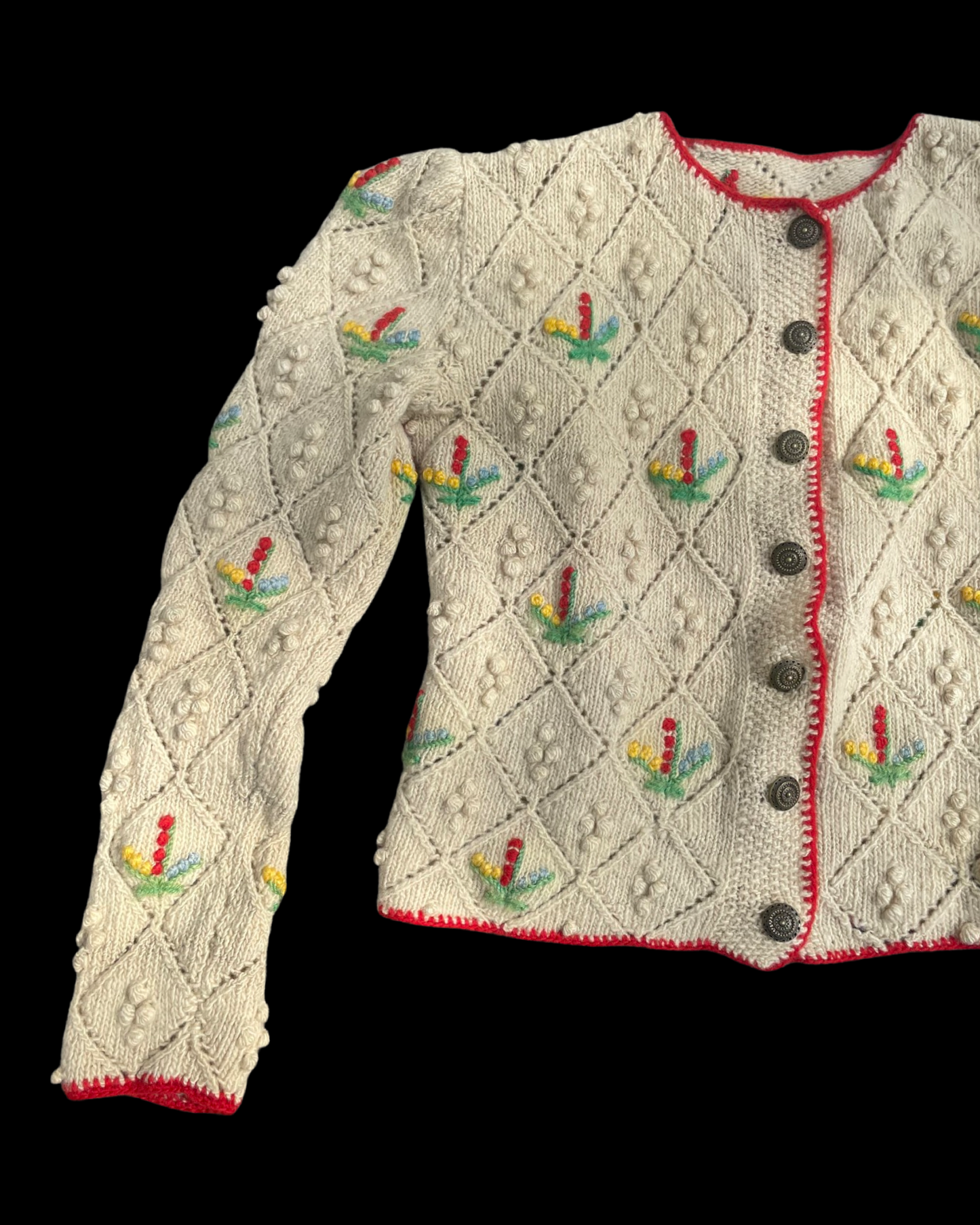 1930s Pocorn Wool Knit Folk Puff Sleeve Cardigan