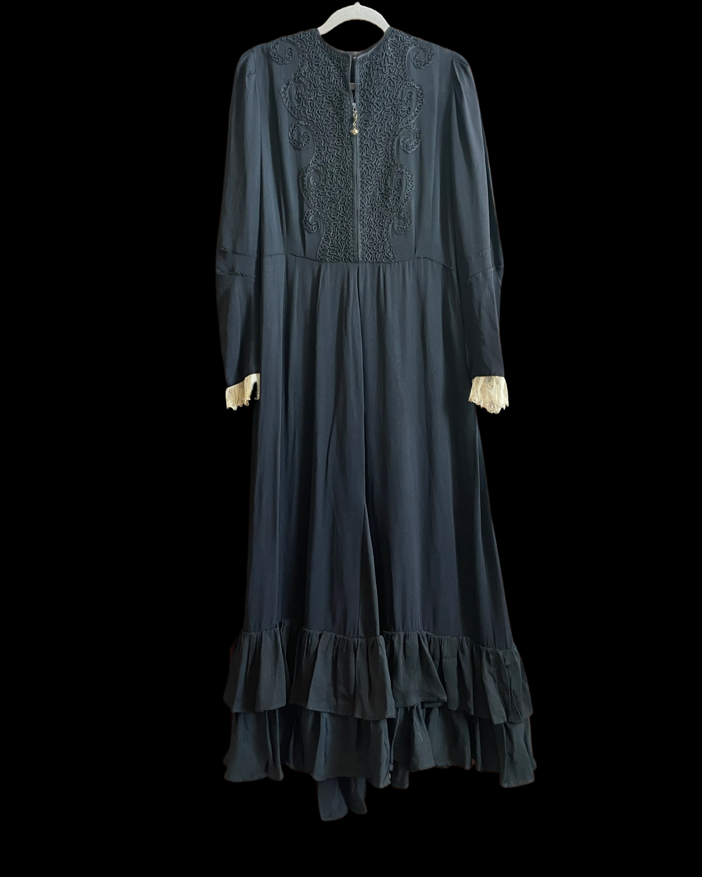 1940s Rayon Crepe Soutache Zip Front Dress