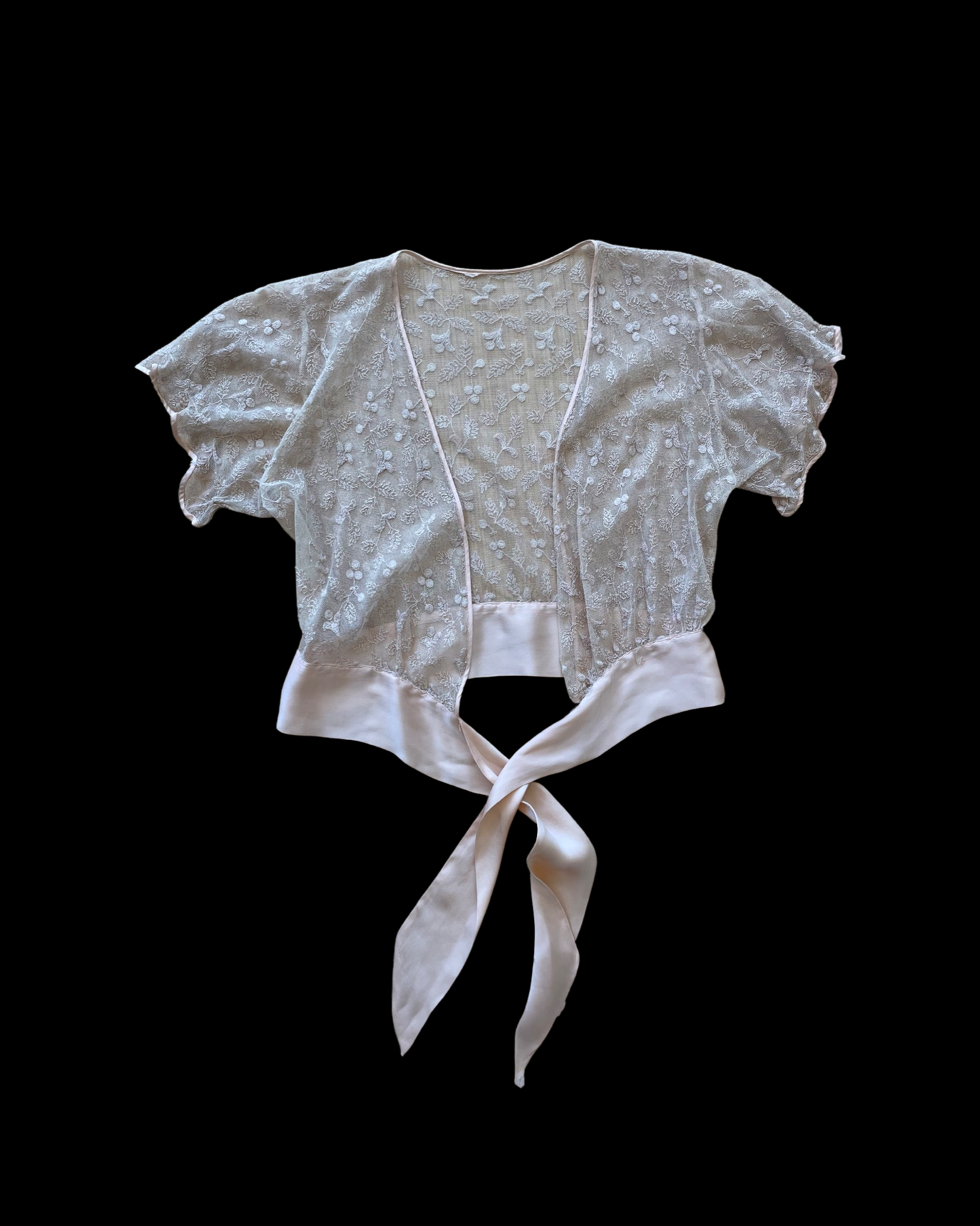 1930s Blush Pink Embroidered Net Tie Front Blouse