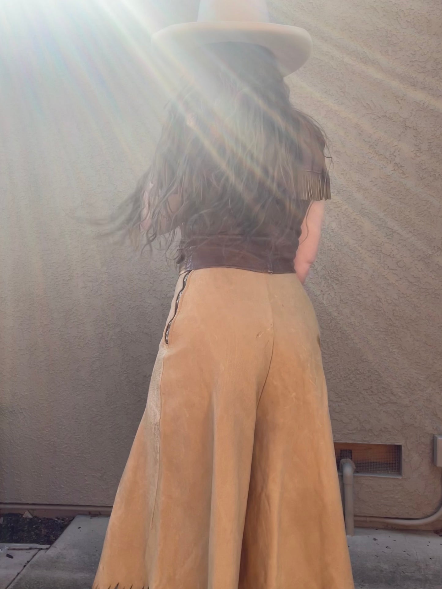 Rare 1930s Double Buckle Side Zip Leather Cowgirl Fringe Split Skirt