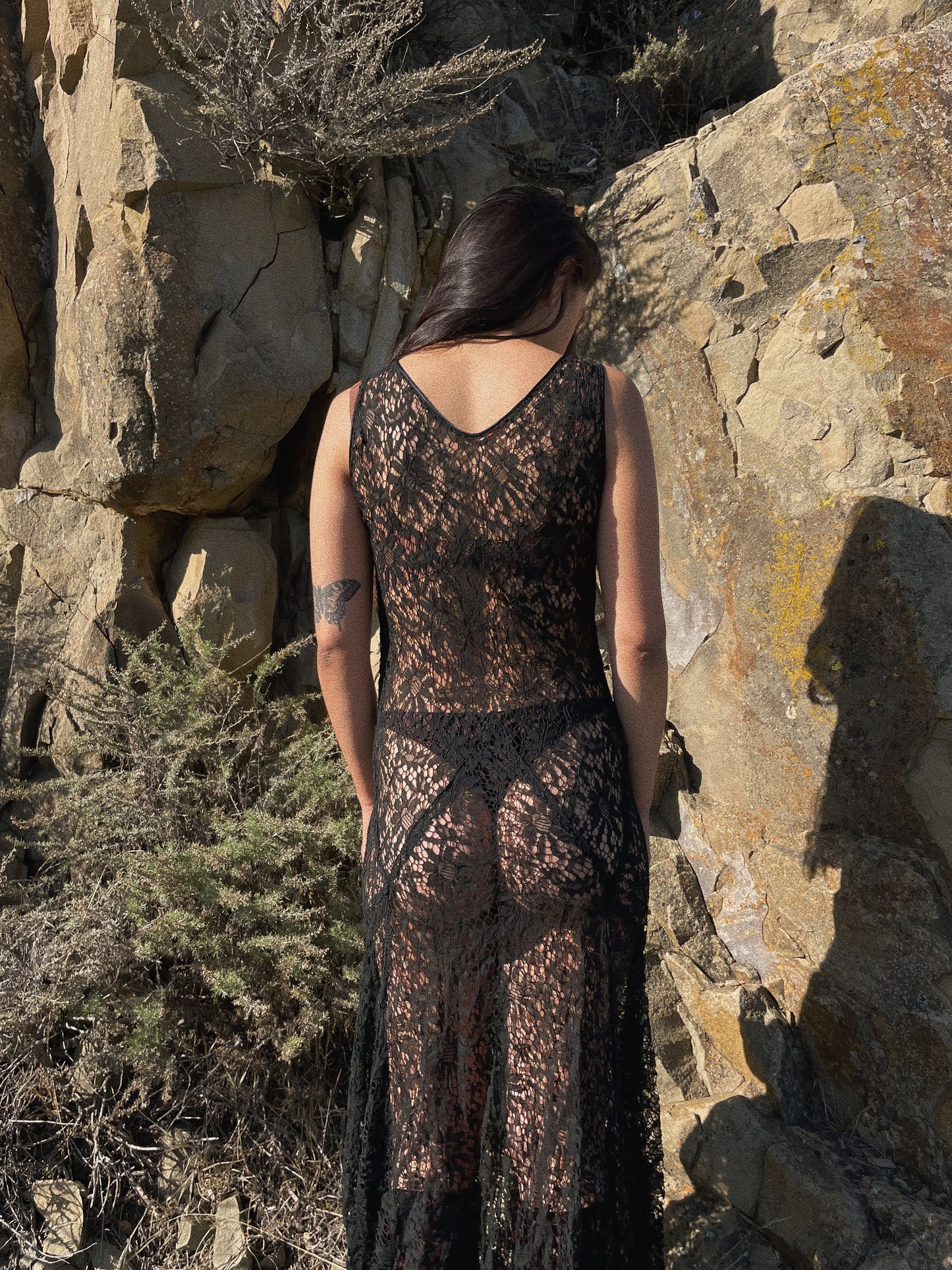 1930s Black Floral Lace Gored Skirt Dress