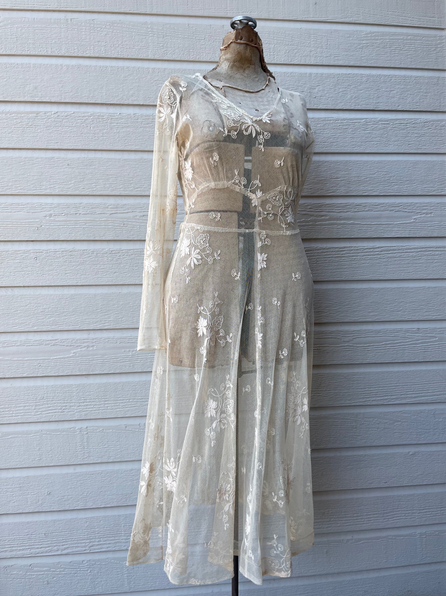 Unique 1930s Embroidered Net Lace Midi Dress