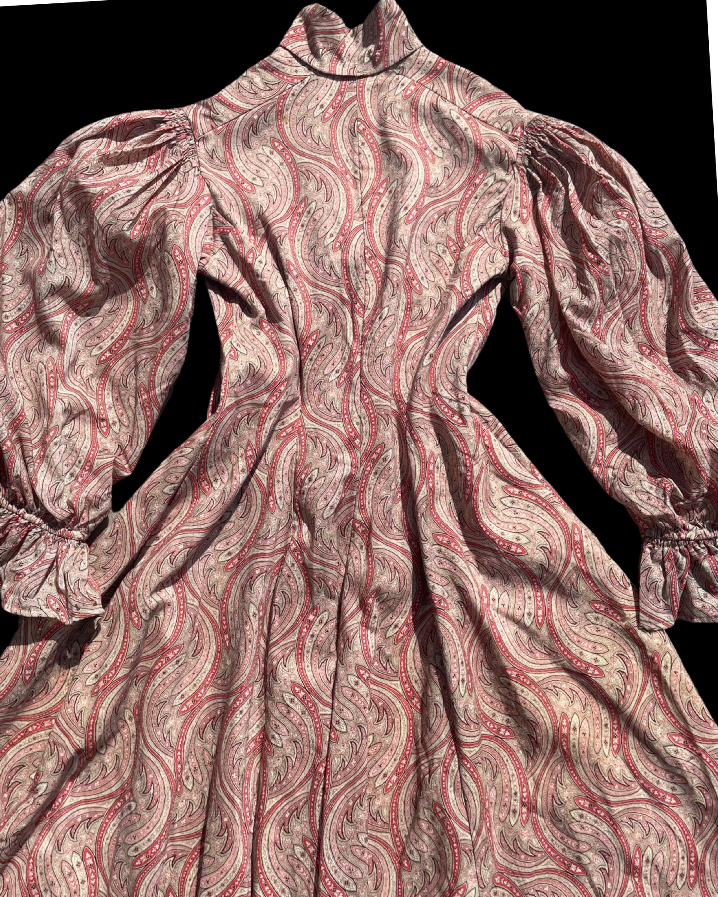 1890s Paisley Wool Challis Bishop Sleeve Wrapper Gown