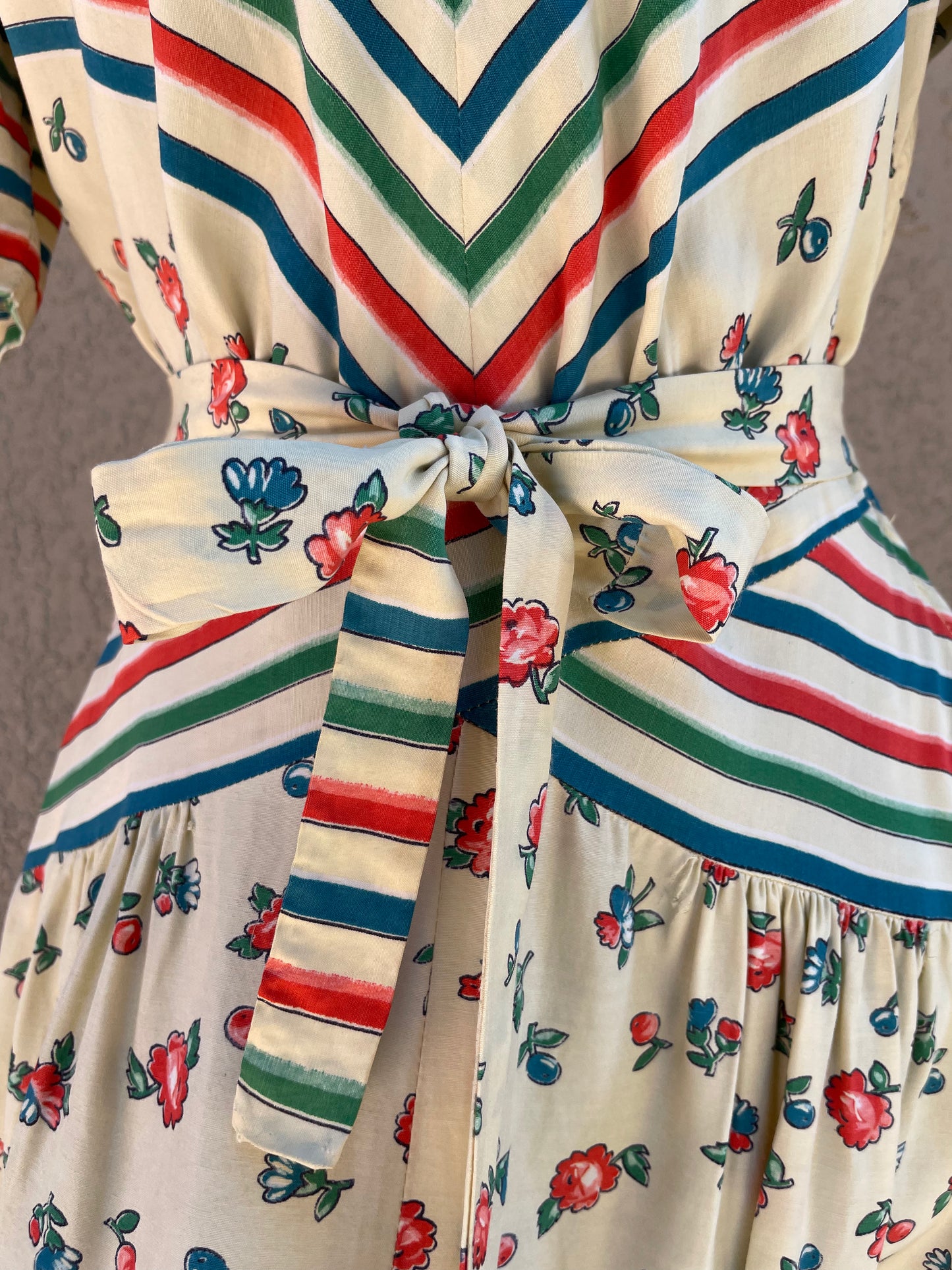 RARE 1940s 'Gay Gibson' Chevron Striped Flora Coldl Rayon Dress