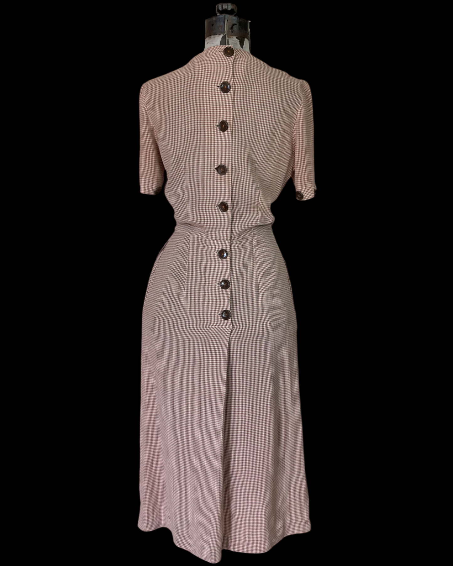 1940s Peplum Gingham Button Back Gabardine Dress